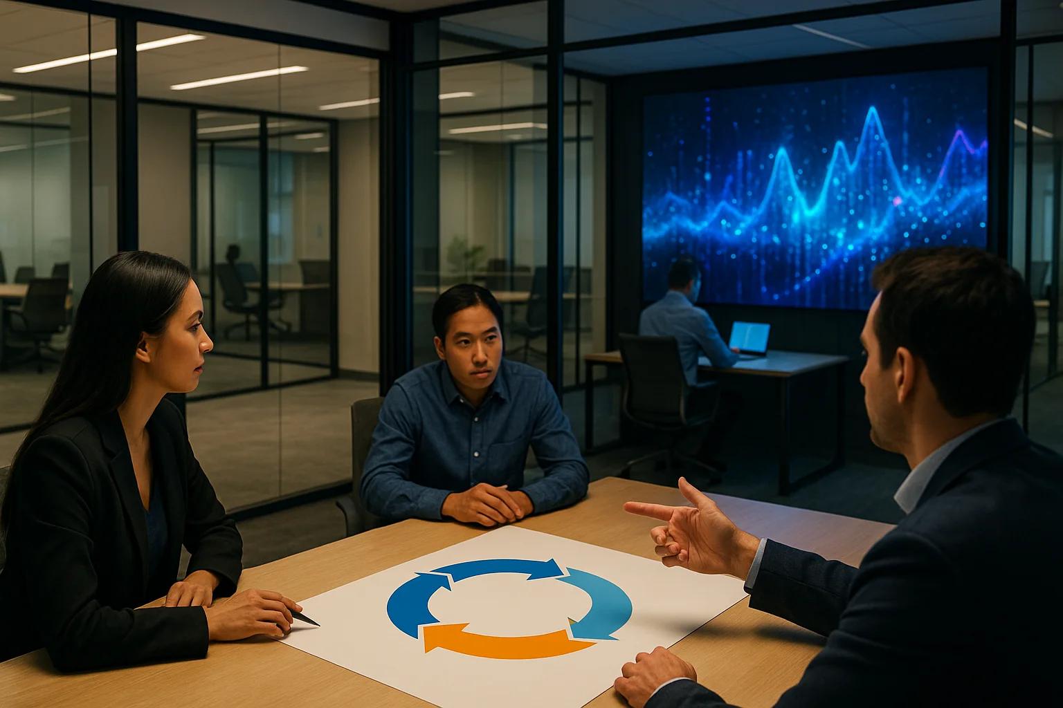 Three people in a modern meeting room discussing
