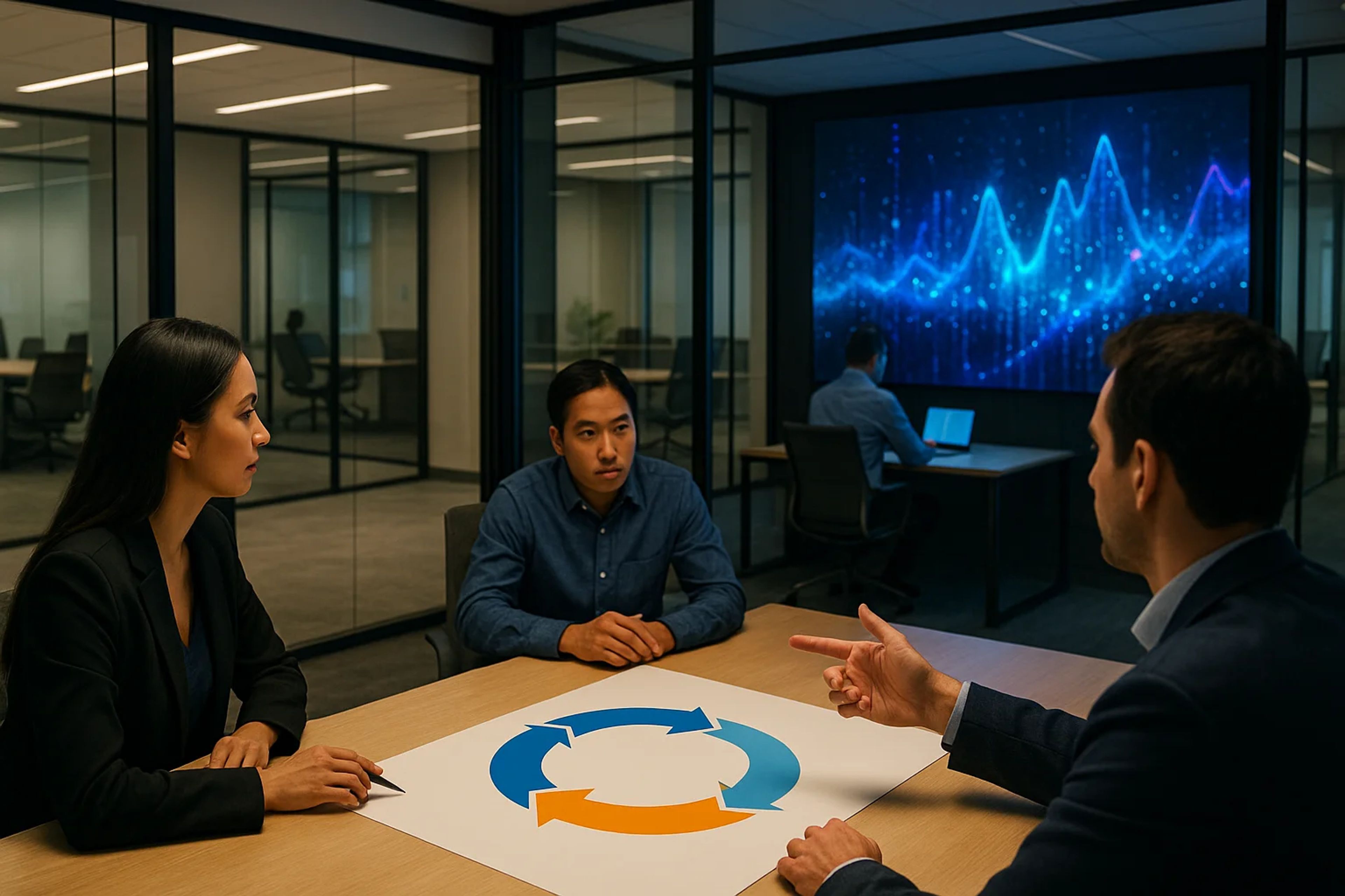 Three people in a modern meeting room discussing