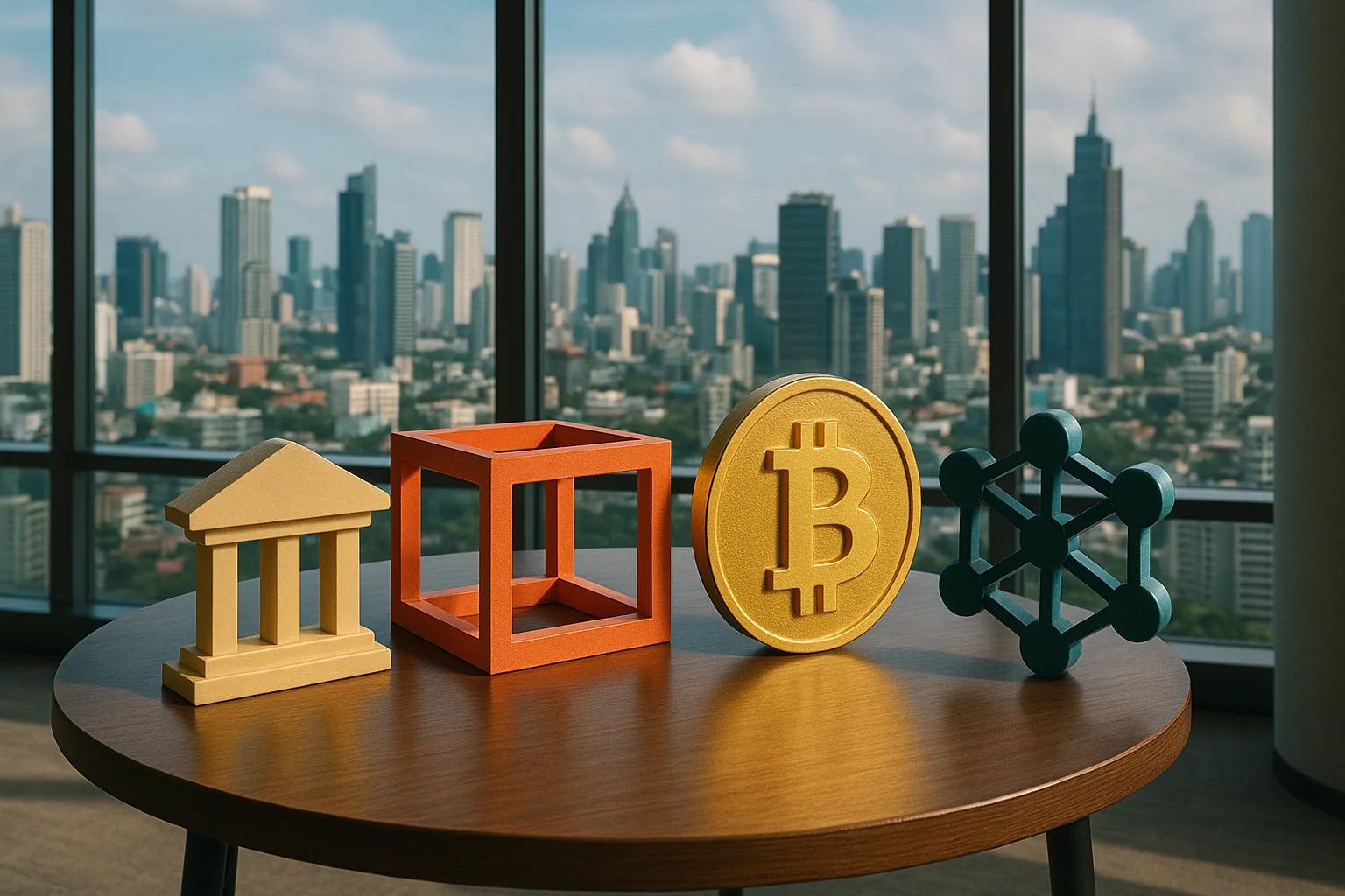Colorful geometric shapes and a Bitcoin symbol on