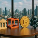Colorful geometric shapes and a Bitcoin symbol on