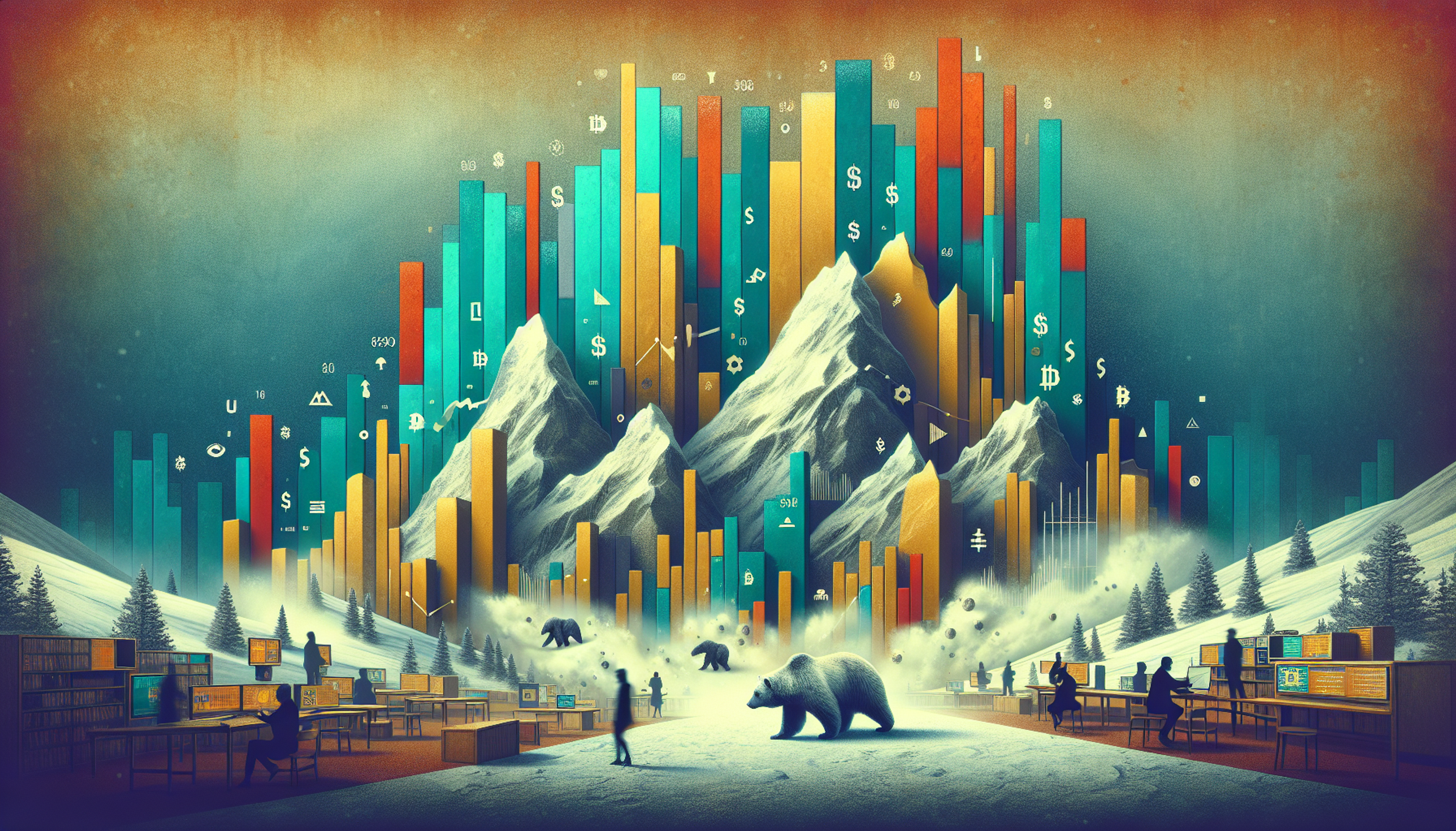 Colorful bar graphs rise behind snowy mountains