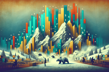 Colorful bar graphs rise behind snowy mountains