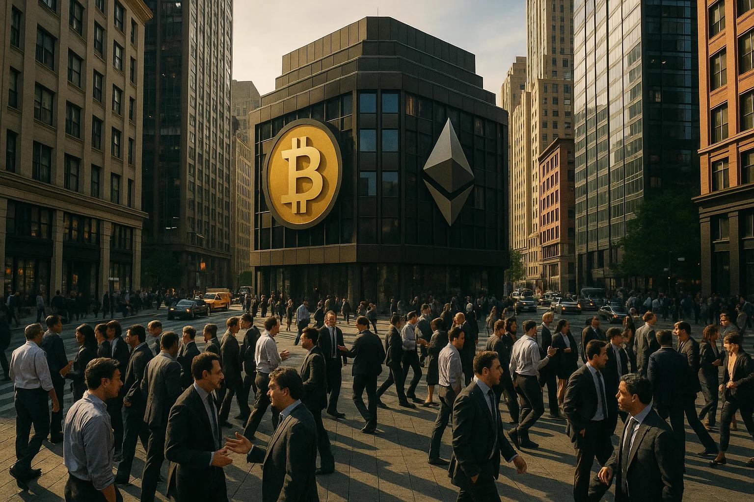Crowd of people in business attire crossing a