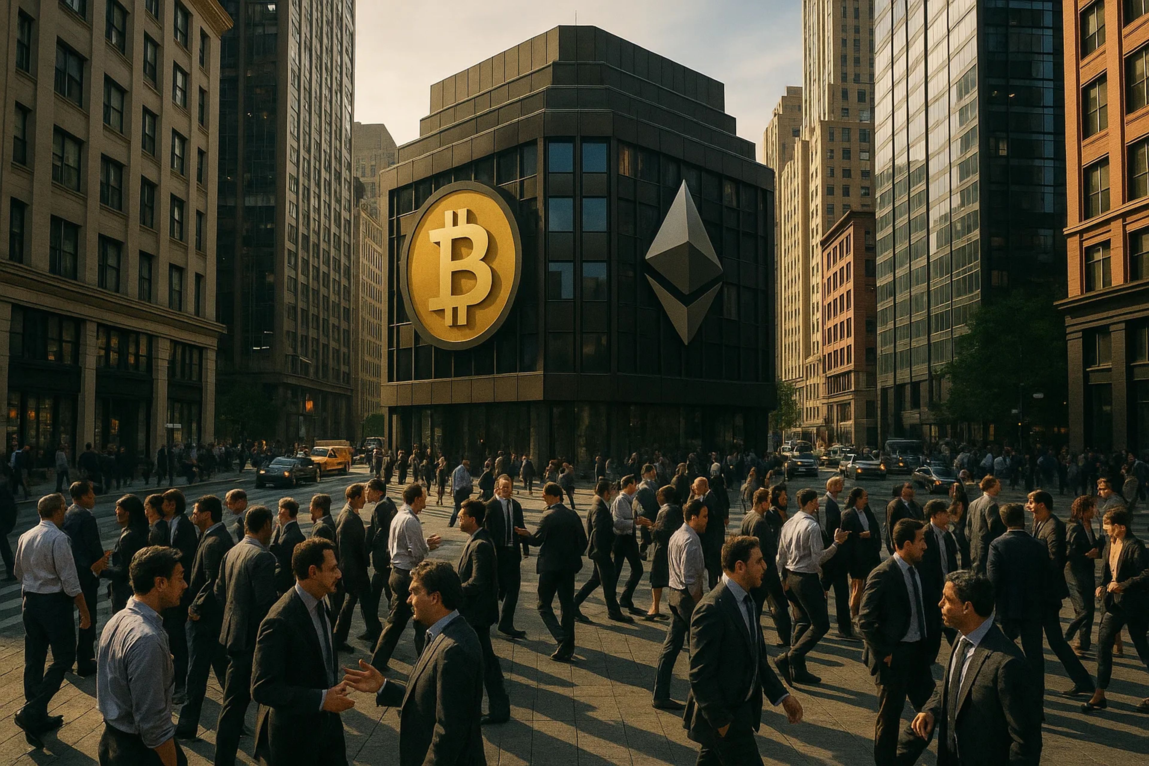 Crowd of people in business attire crossing a