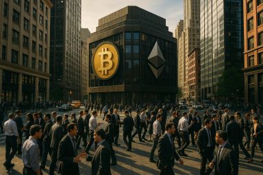 Crowd of people in business attire crossing a
