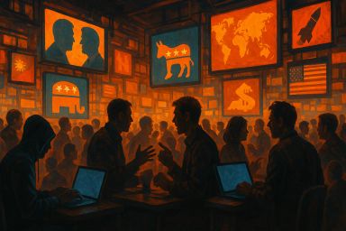 Silhouetted figures in a dimly lit room, engaged