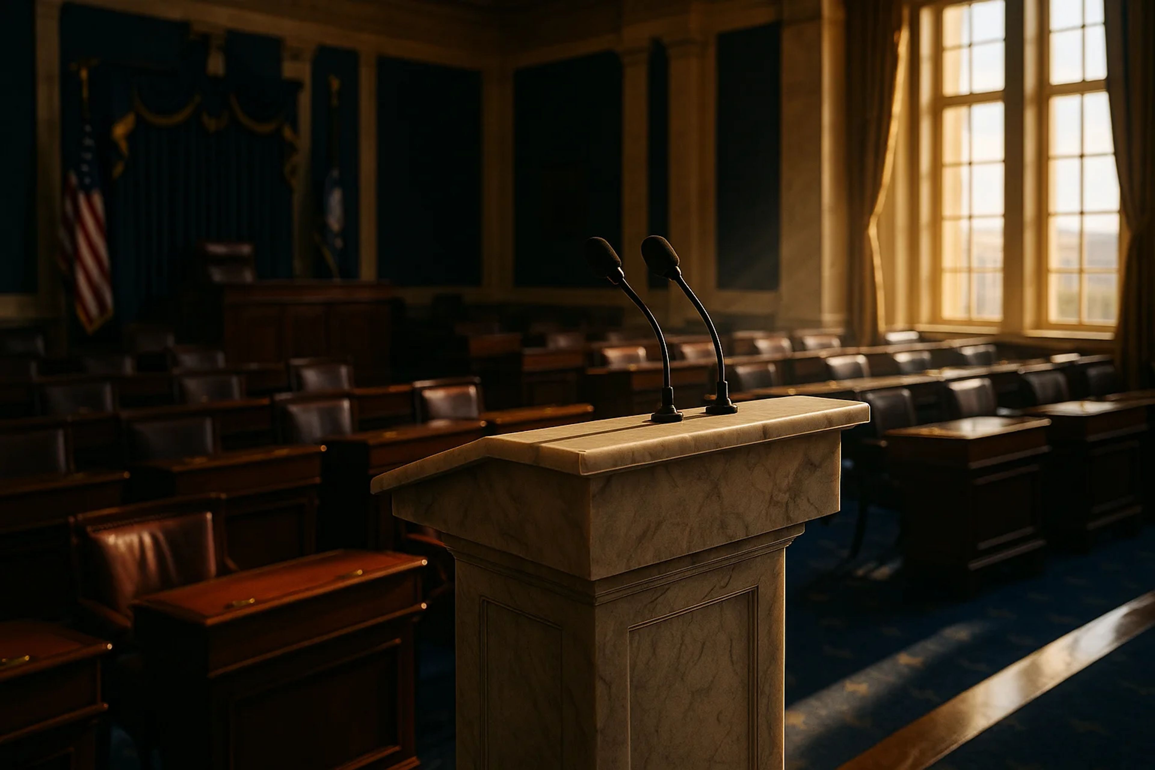 Empty legislative chamber with a podium and