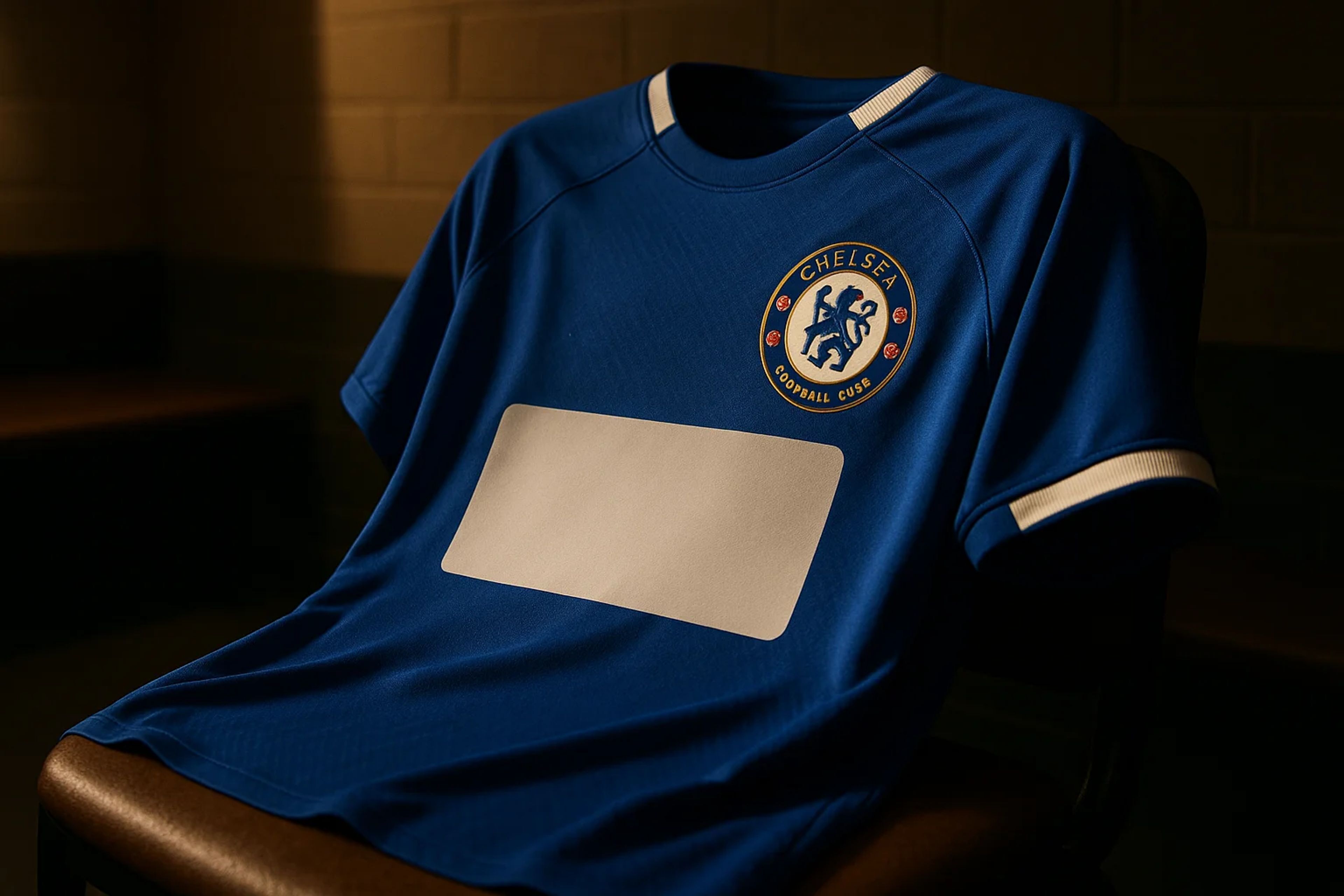 A blue football jersey displayed on a chair