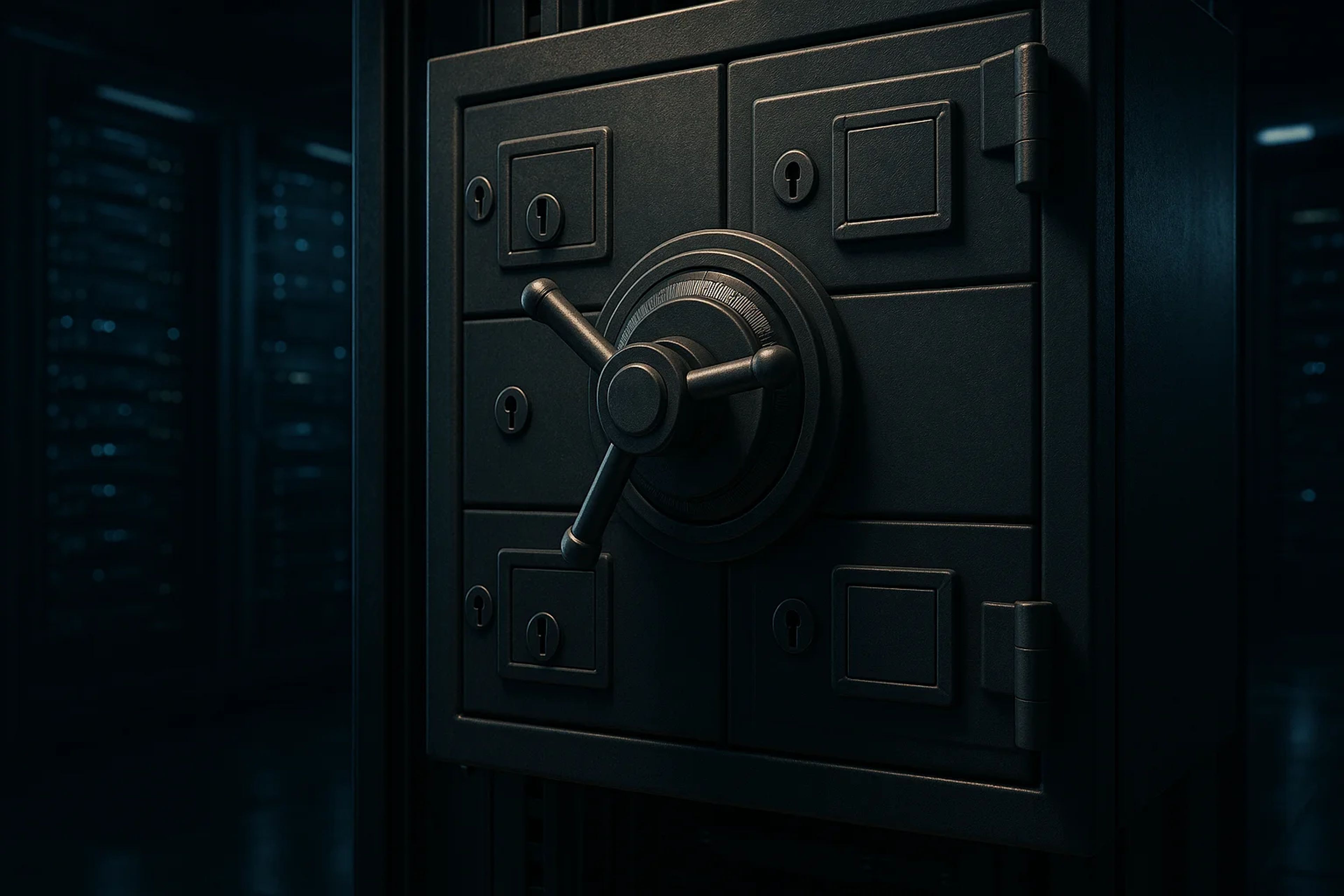 A large, dark metal safe with a combination lock