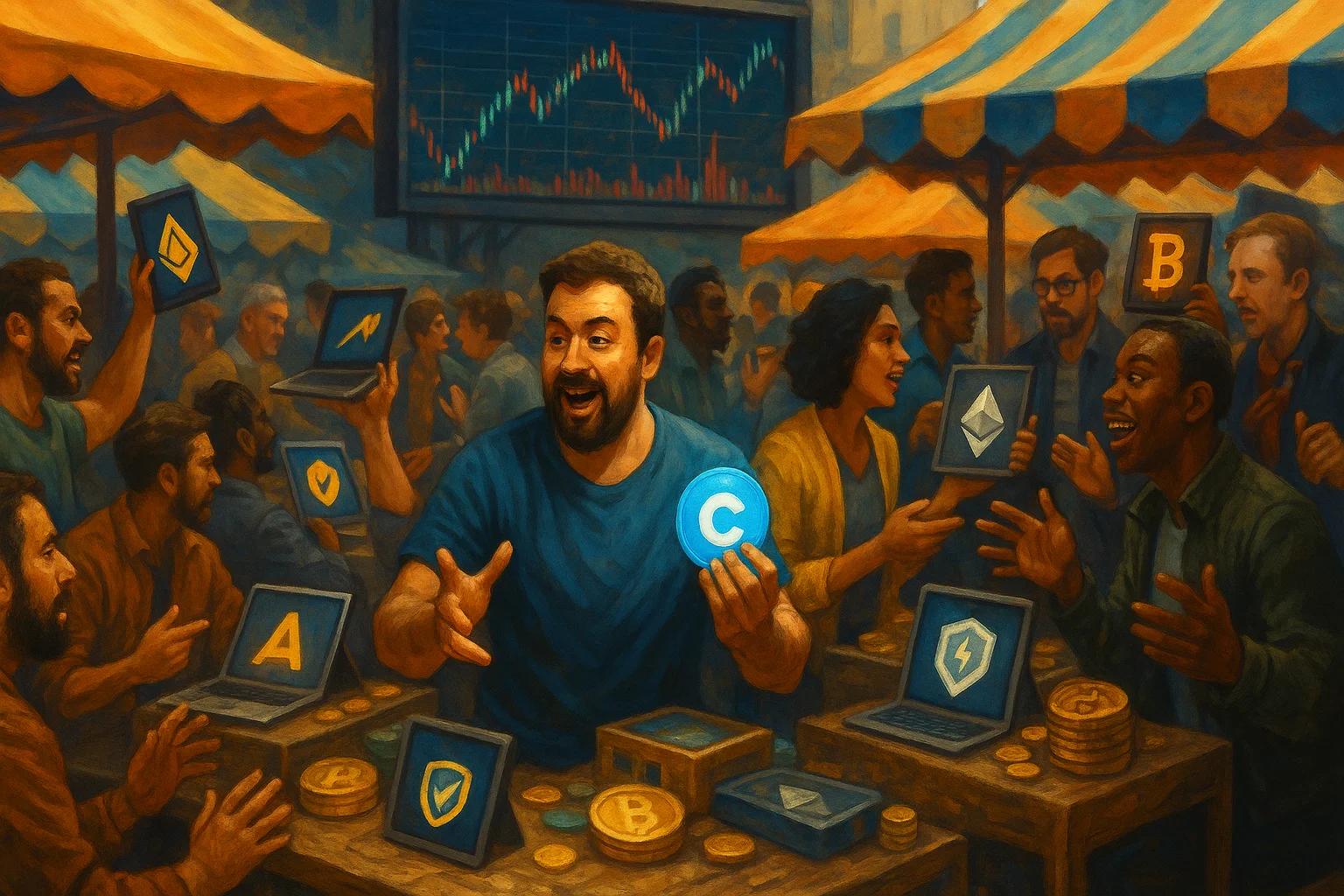 A bustling market scene with people discussing