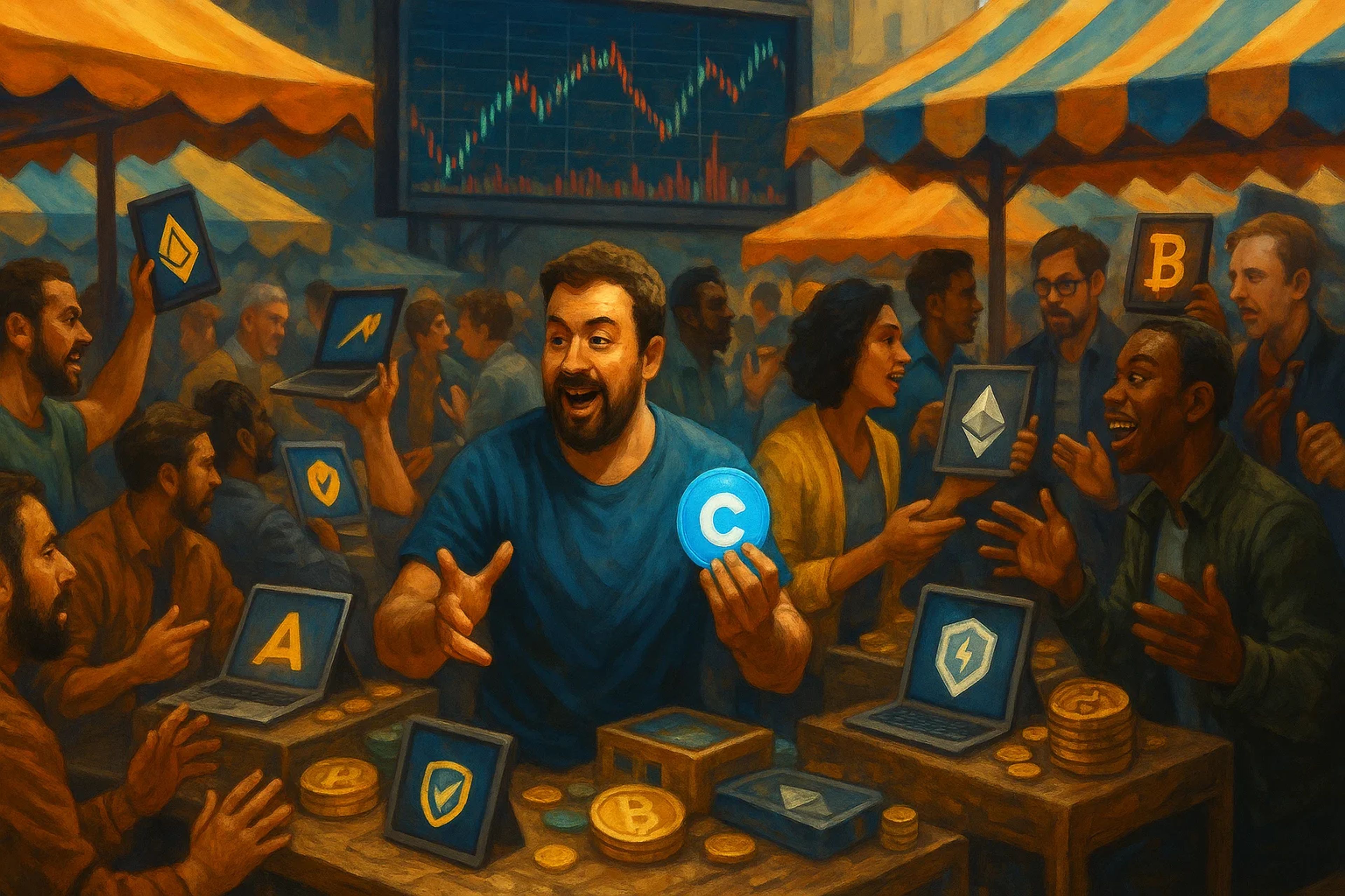 A bustling market scene with people discussing