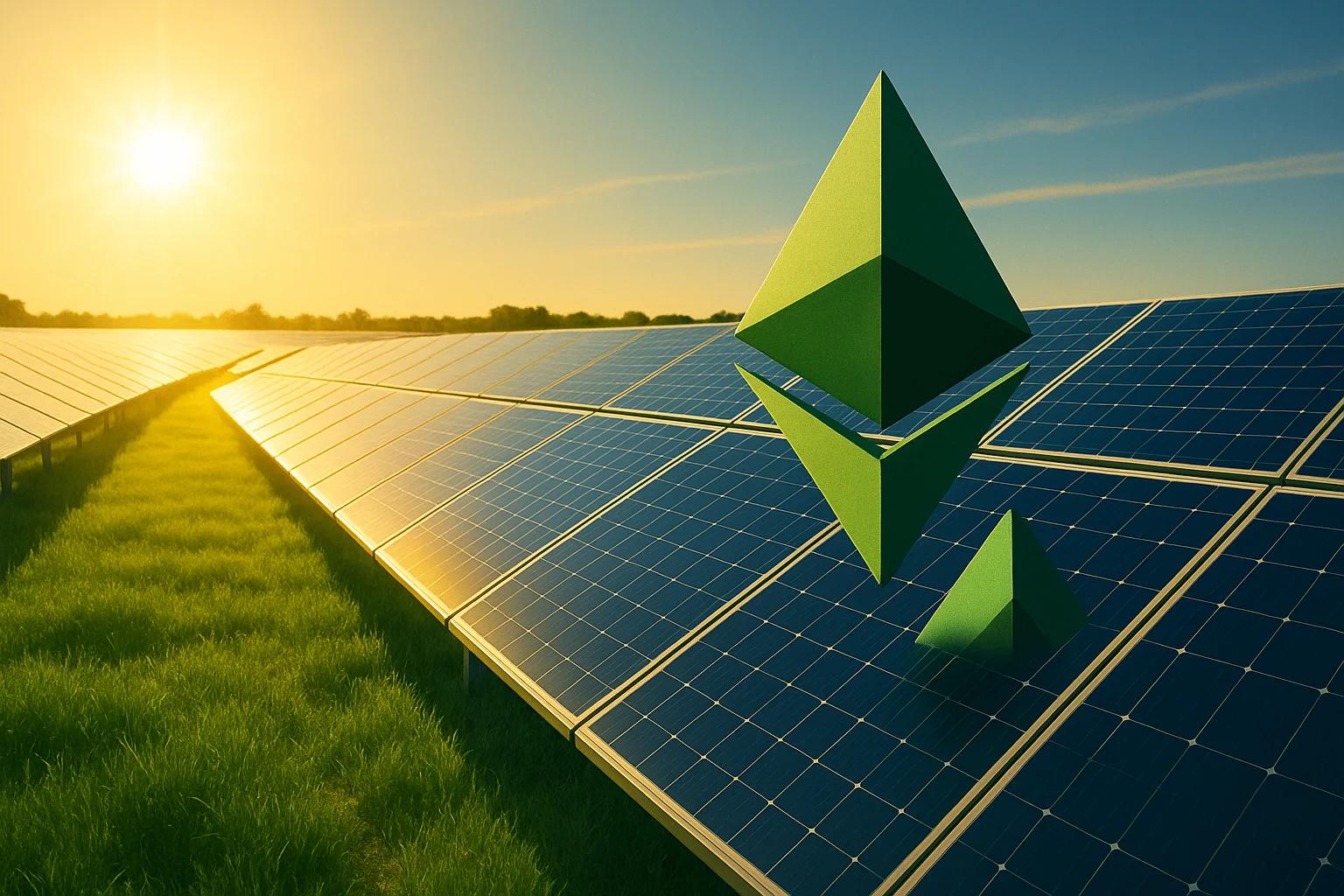 Green geometric shapes among solar panels at