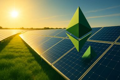 Green geometric shapes among solar panels at