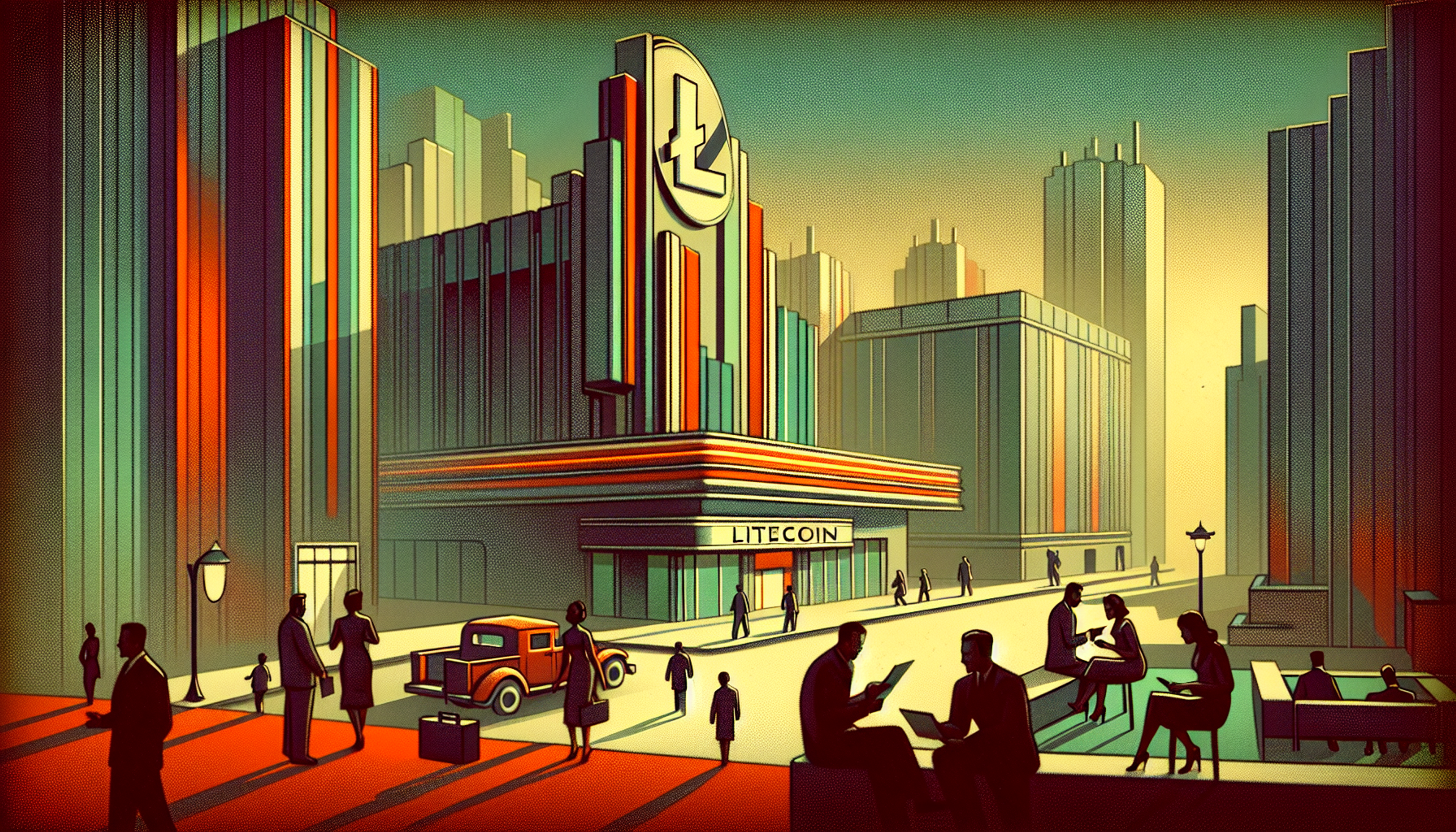 Stylized urban scene with tall buildings and