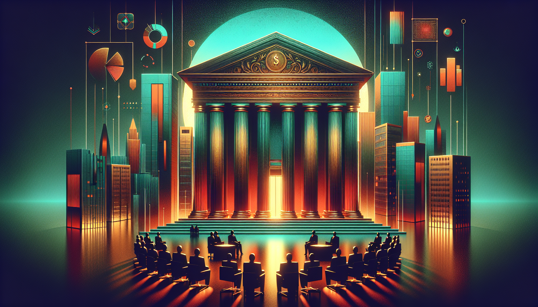 A grand building with columns illuminated by a