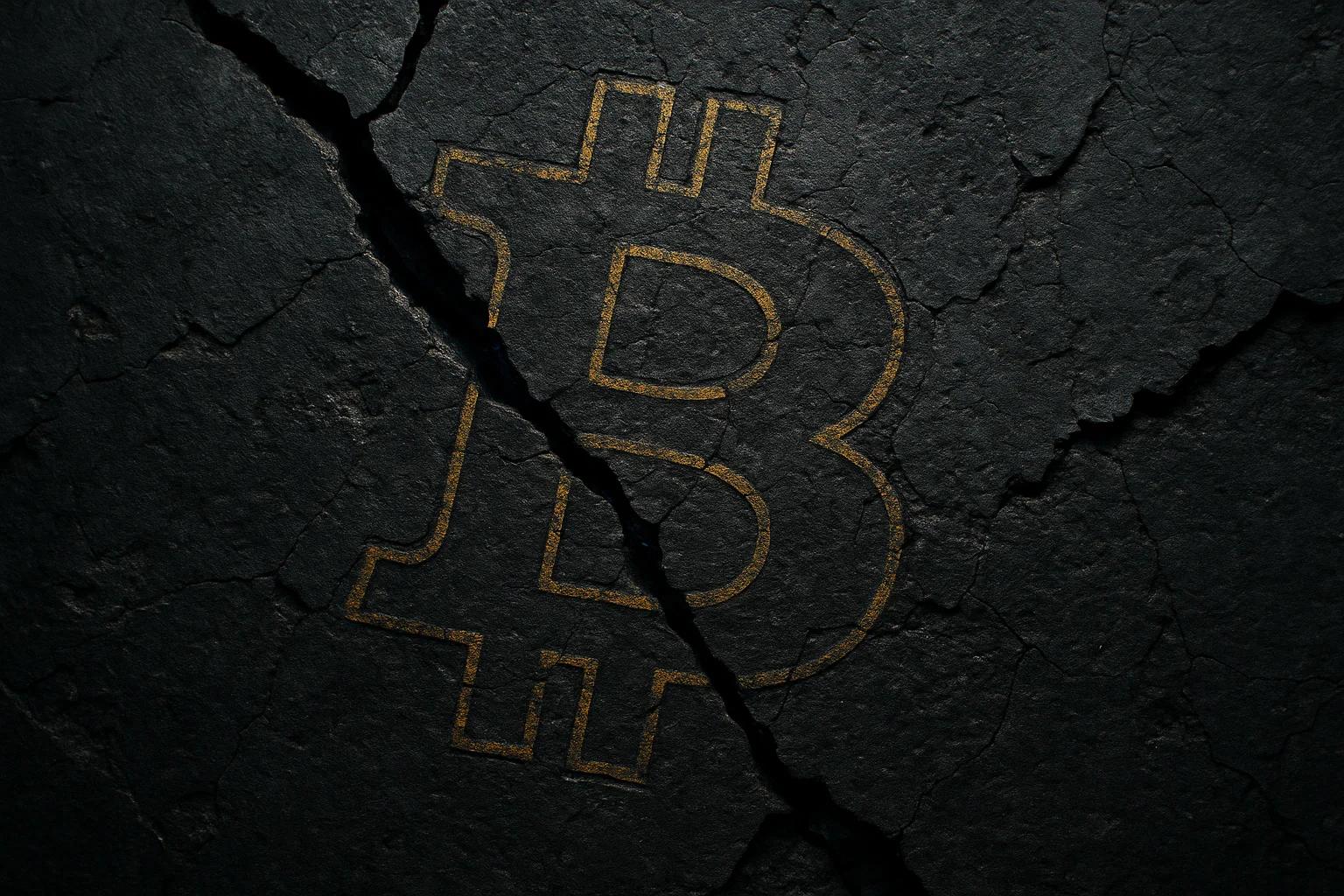 Cracked dark surface with a Bitcoin symbol