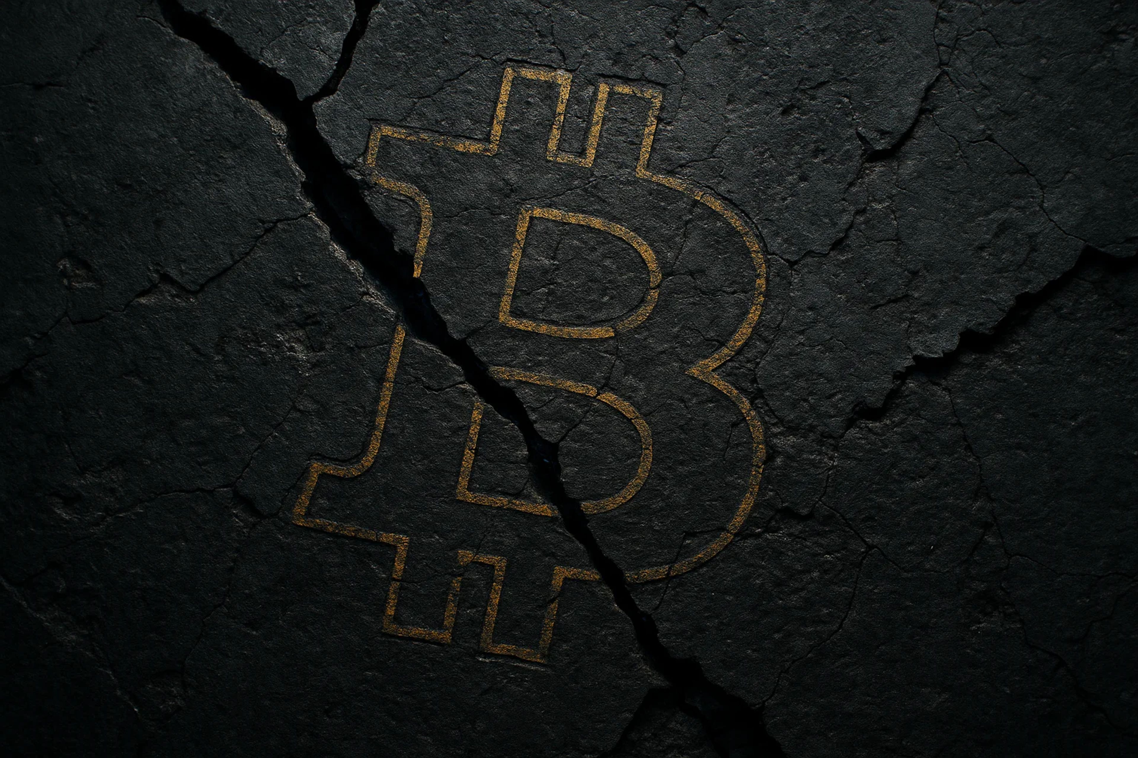 Cracked dark surface with a Bitcoin symbol