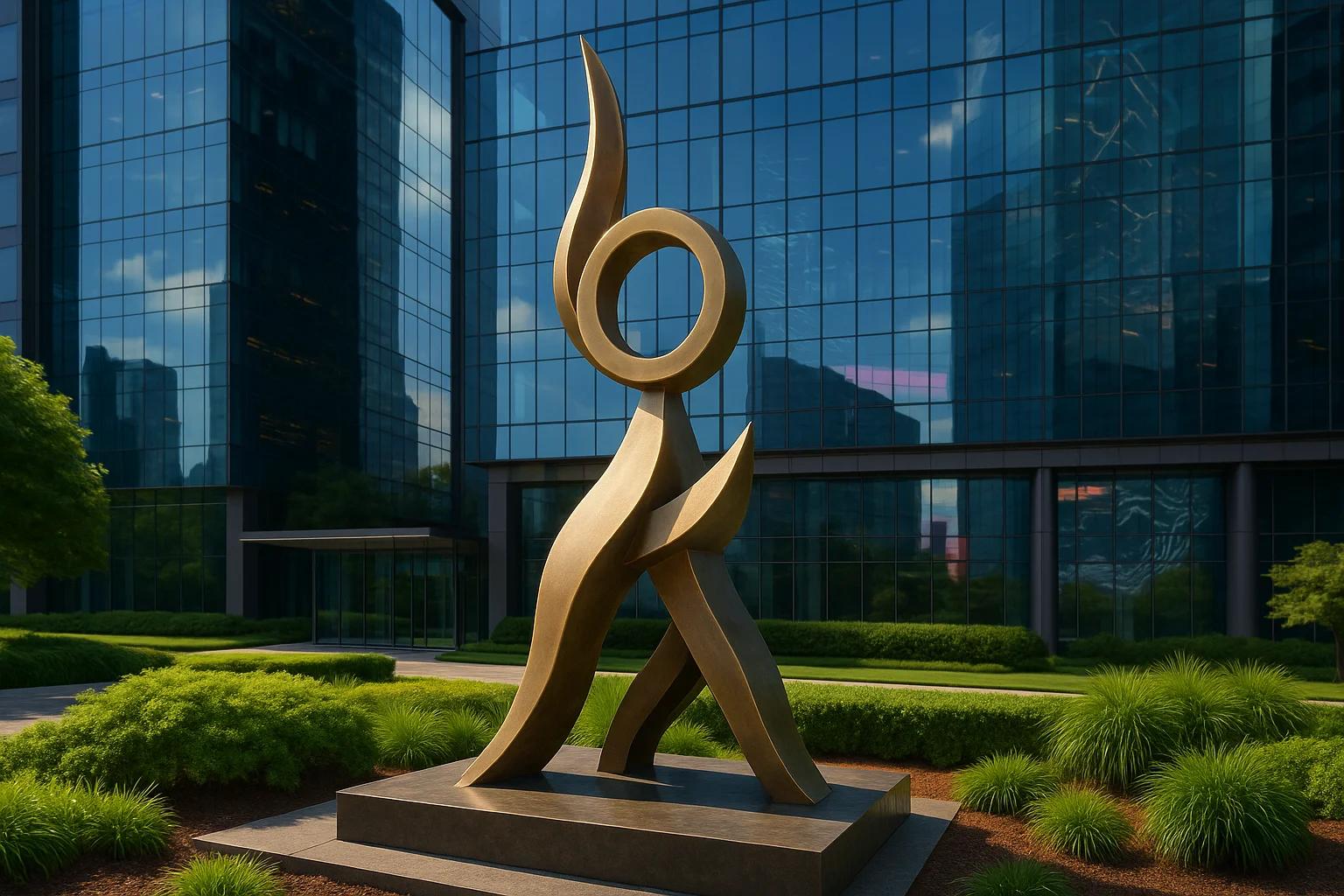 Abstract bronze sculpture in a landscaped area