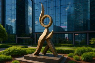 Abstract bronze sculpture in a landscaped area