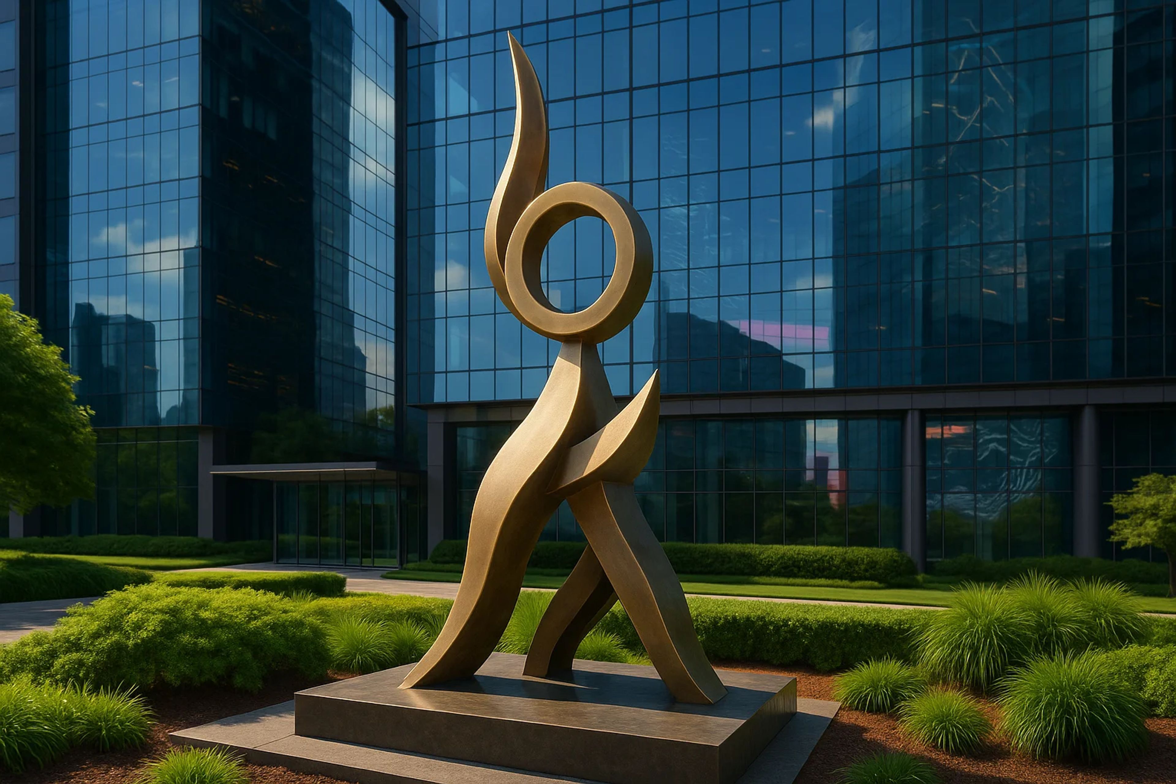 Abstract bronze sculpture in a landscaped area