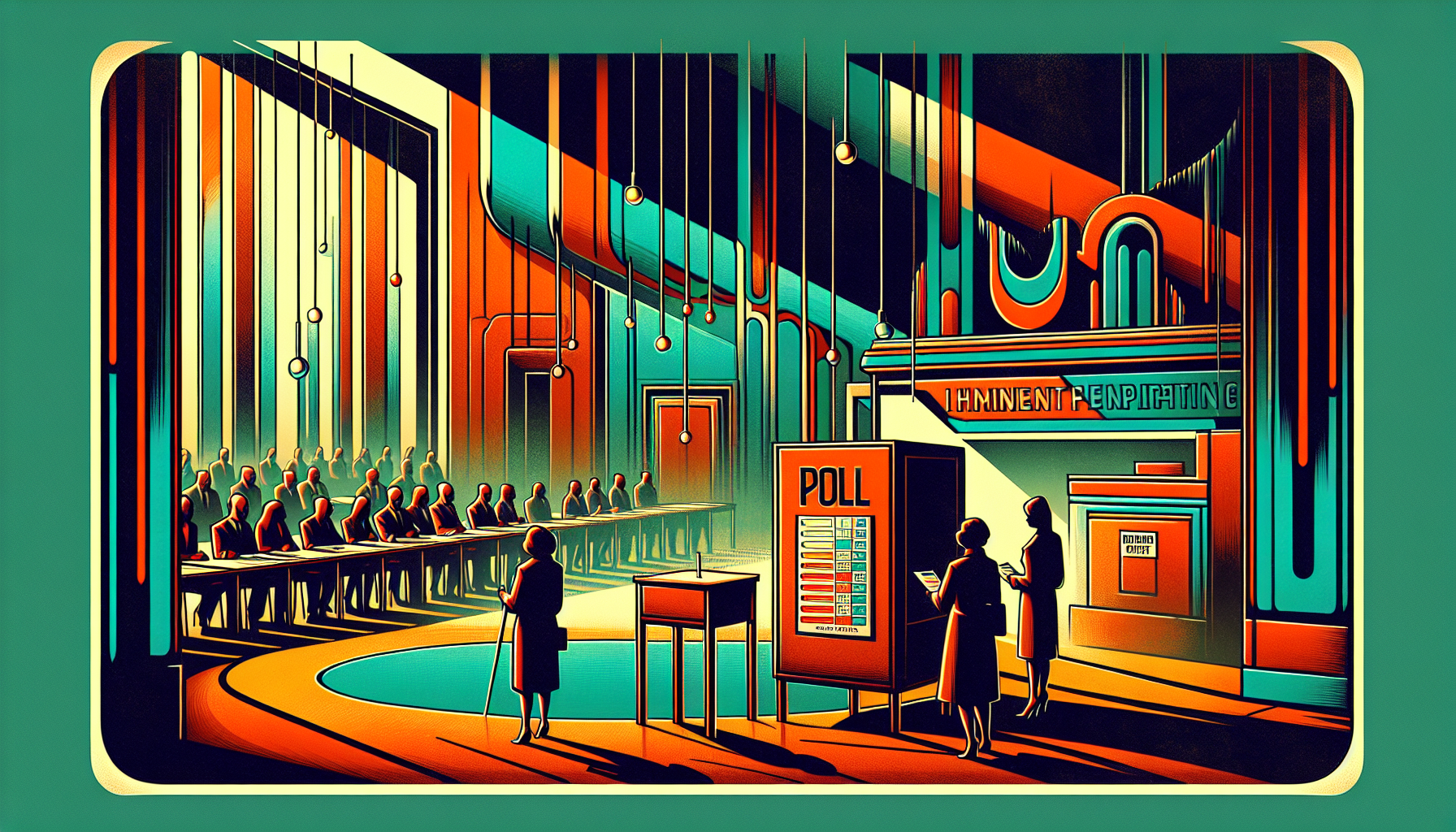 Colorful retro scene with figures at a polling