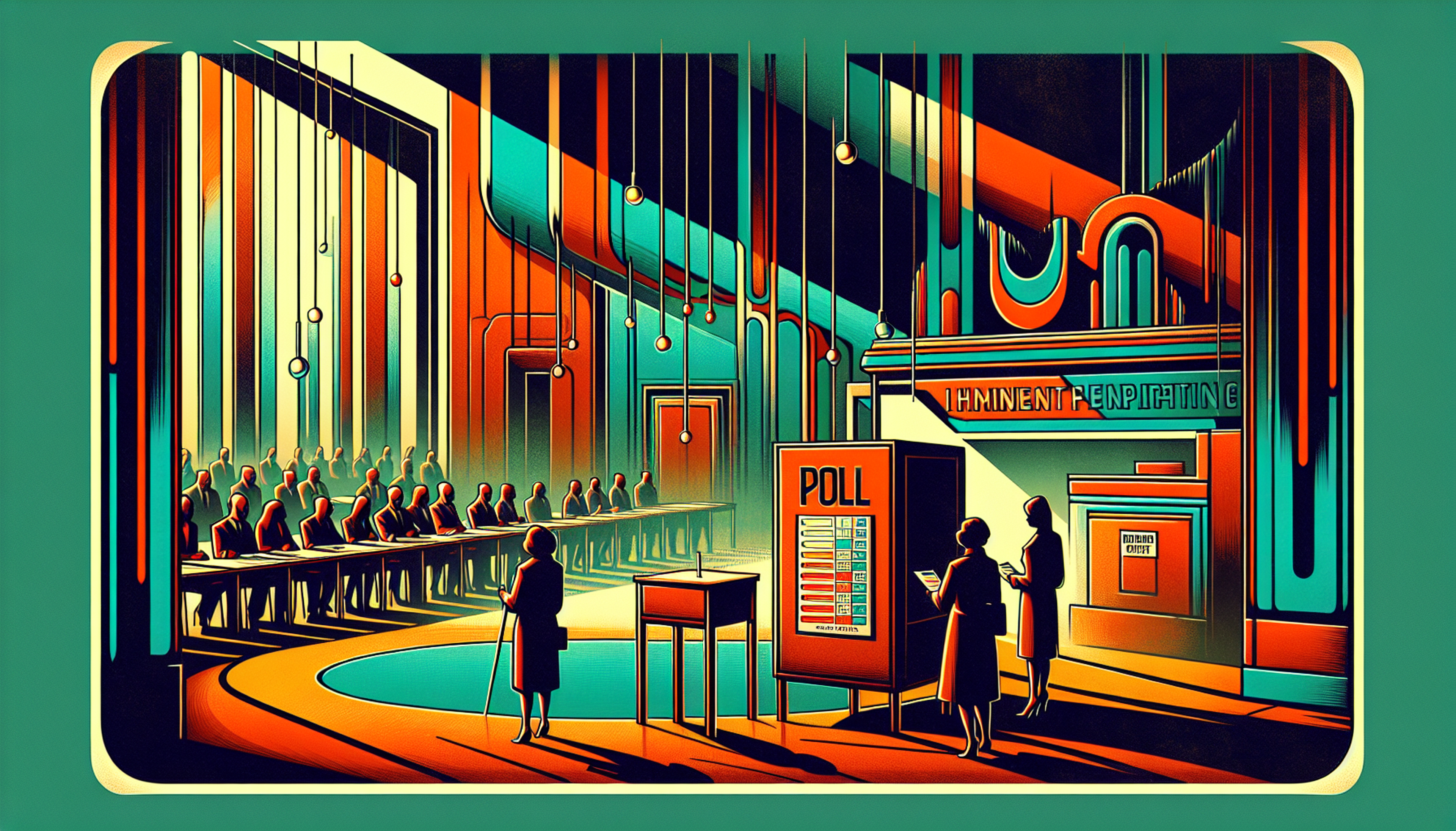 Colorful retro scene with figures at a polling