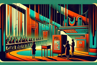 Colorful retro scene with figures at a polling