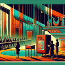 Colorful retro scene with figures at a polling
