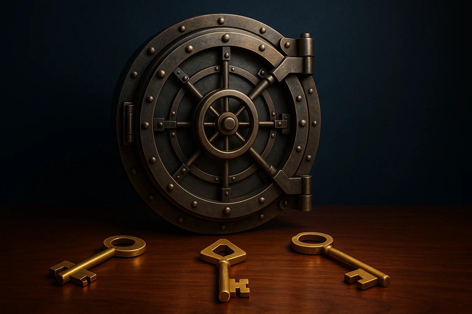 A large, metallic vault door with three golden