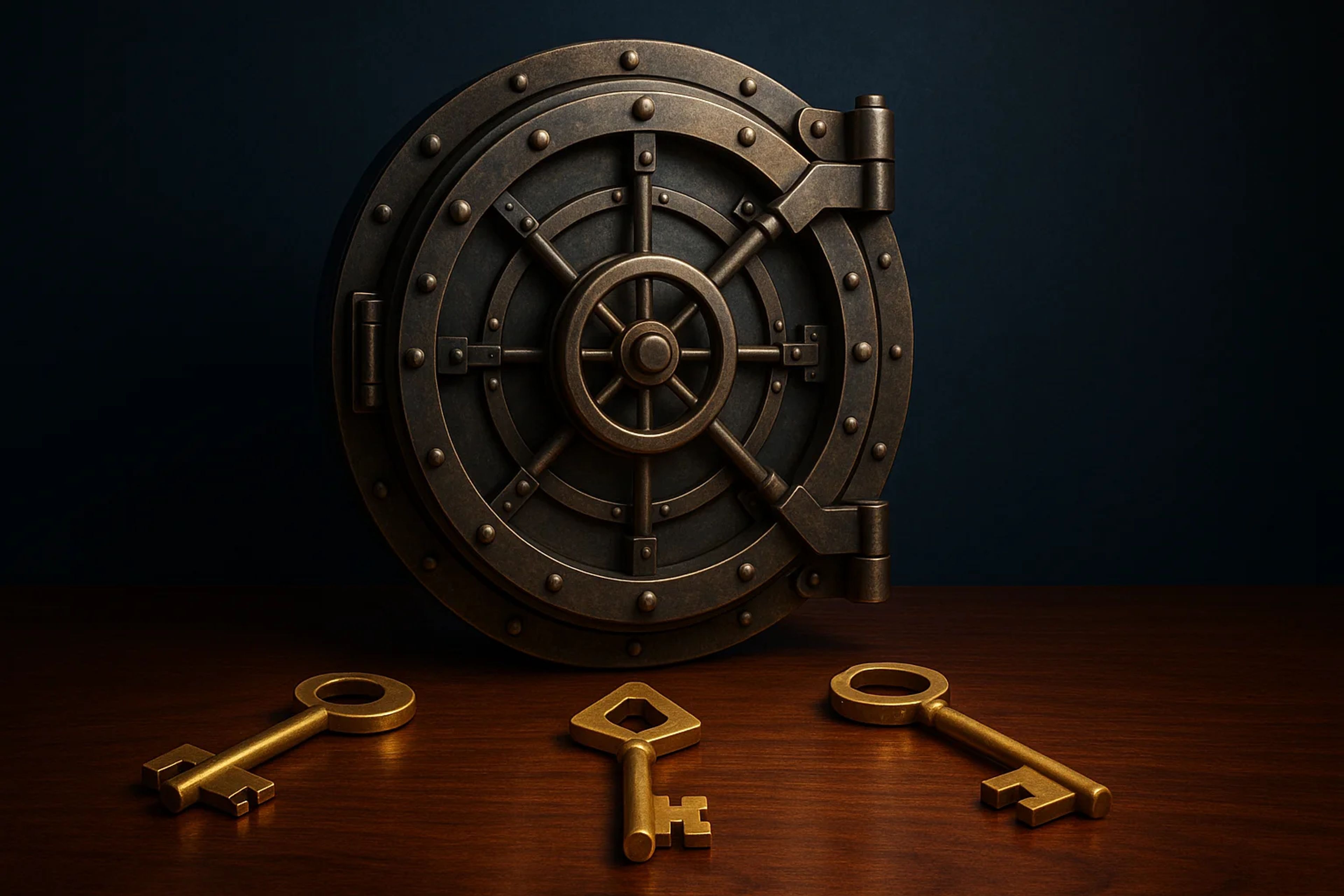 A large, metallic vault door with three golden