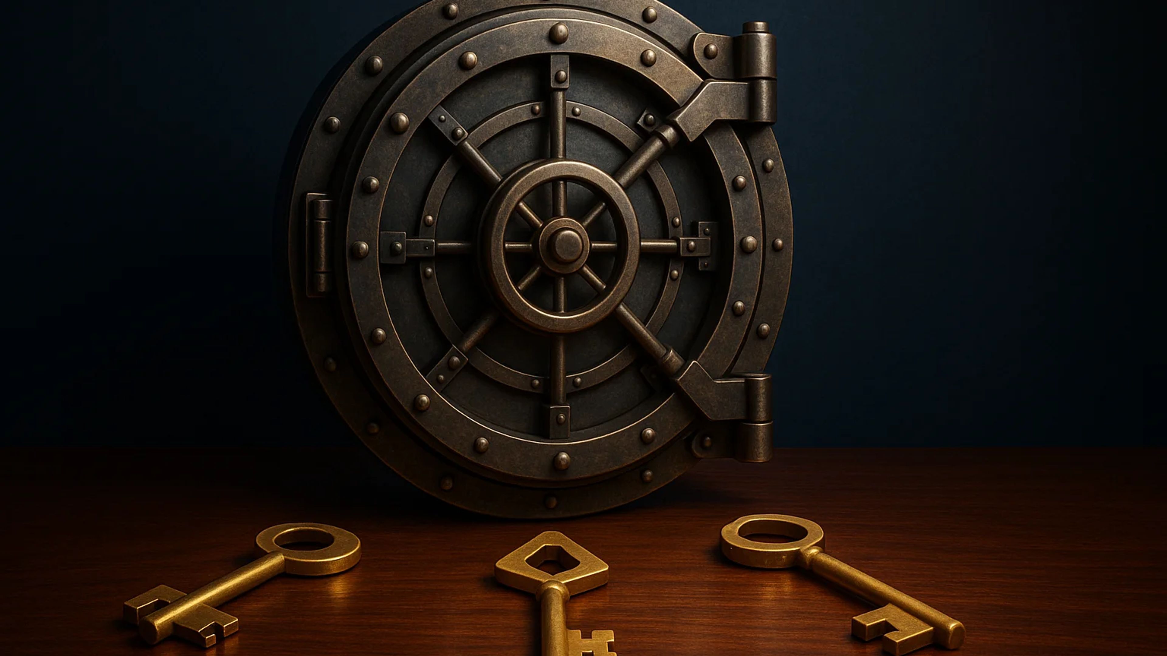 A large, metallic vault door with three golden