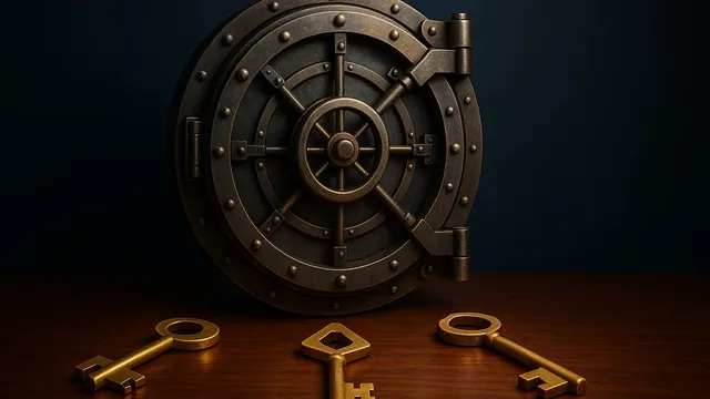 A large, metallic vault door with three golden