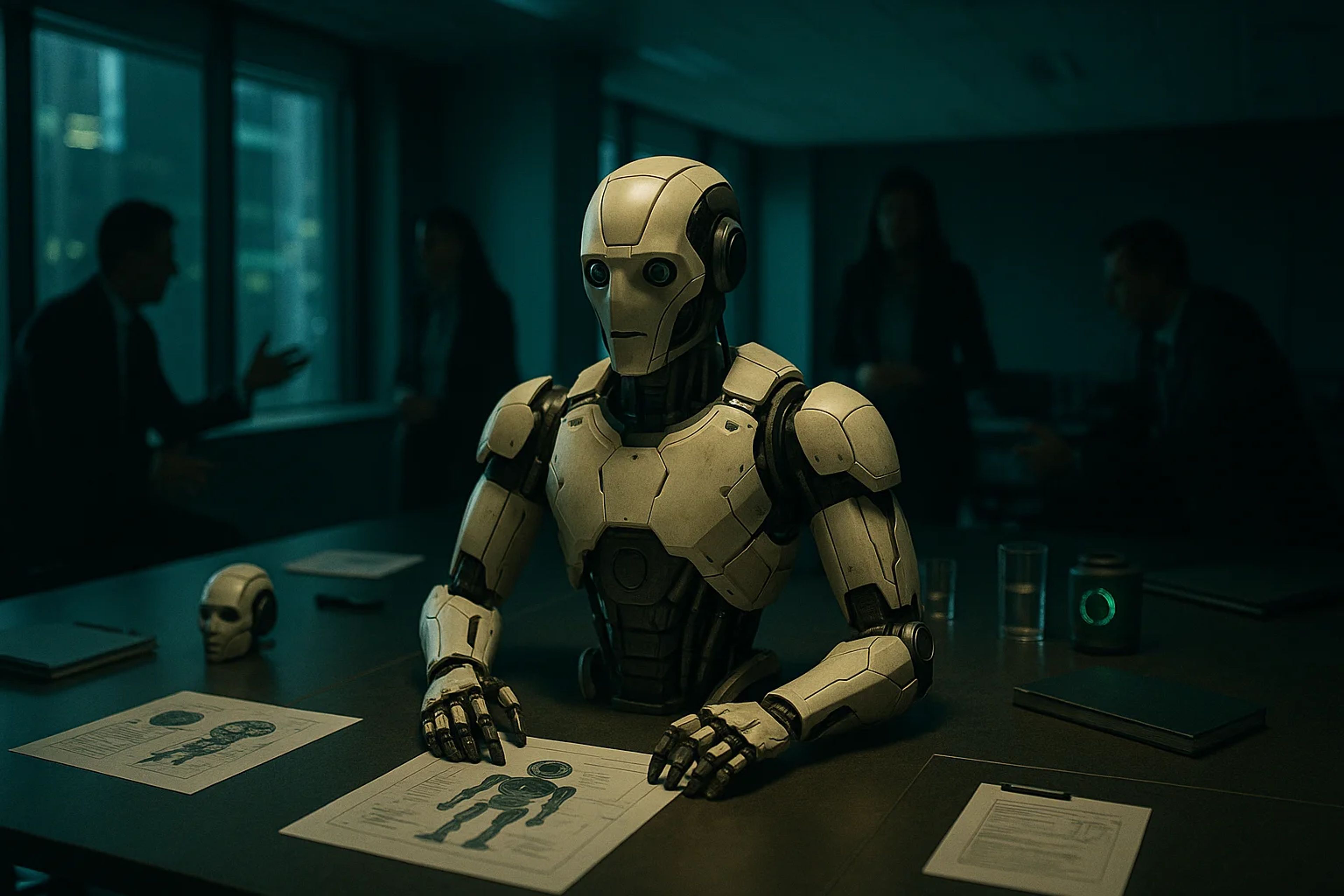 A humanoid robot seated at a conference table