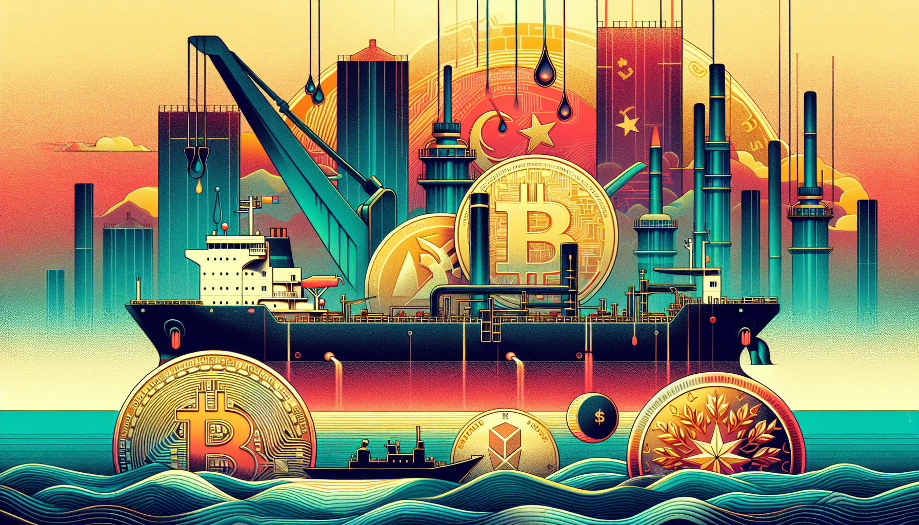 A stylized cargo ship surrounded by large coins