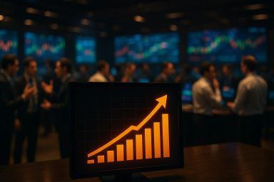 A dark trading room with screens displaying
