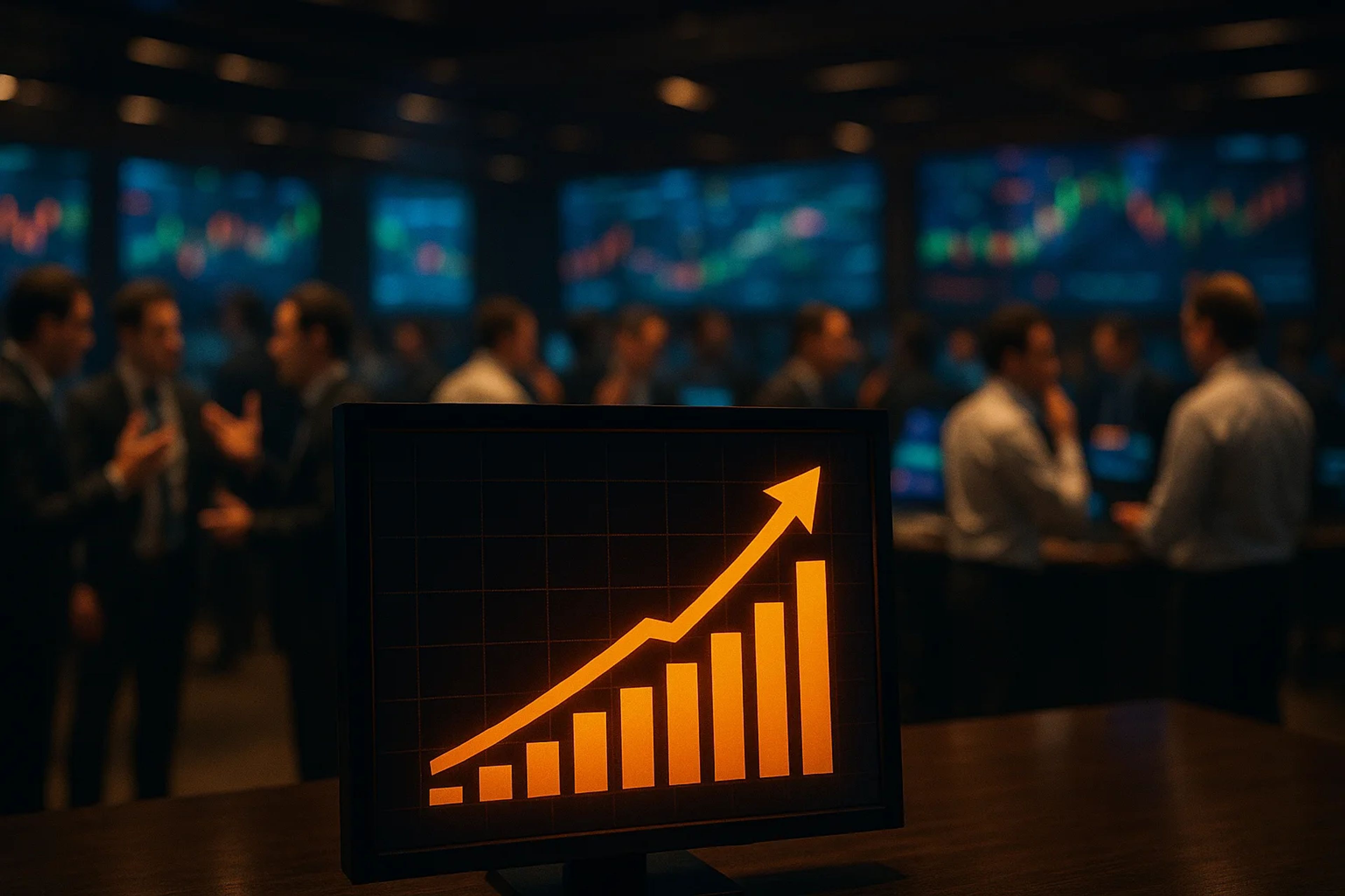 A dark trading room with screens displaying