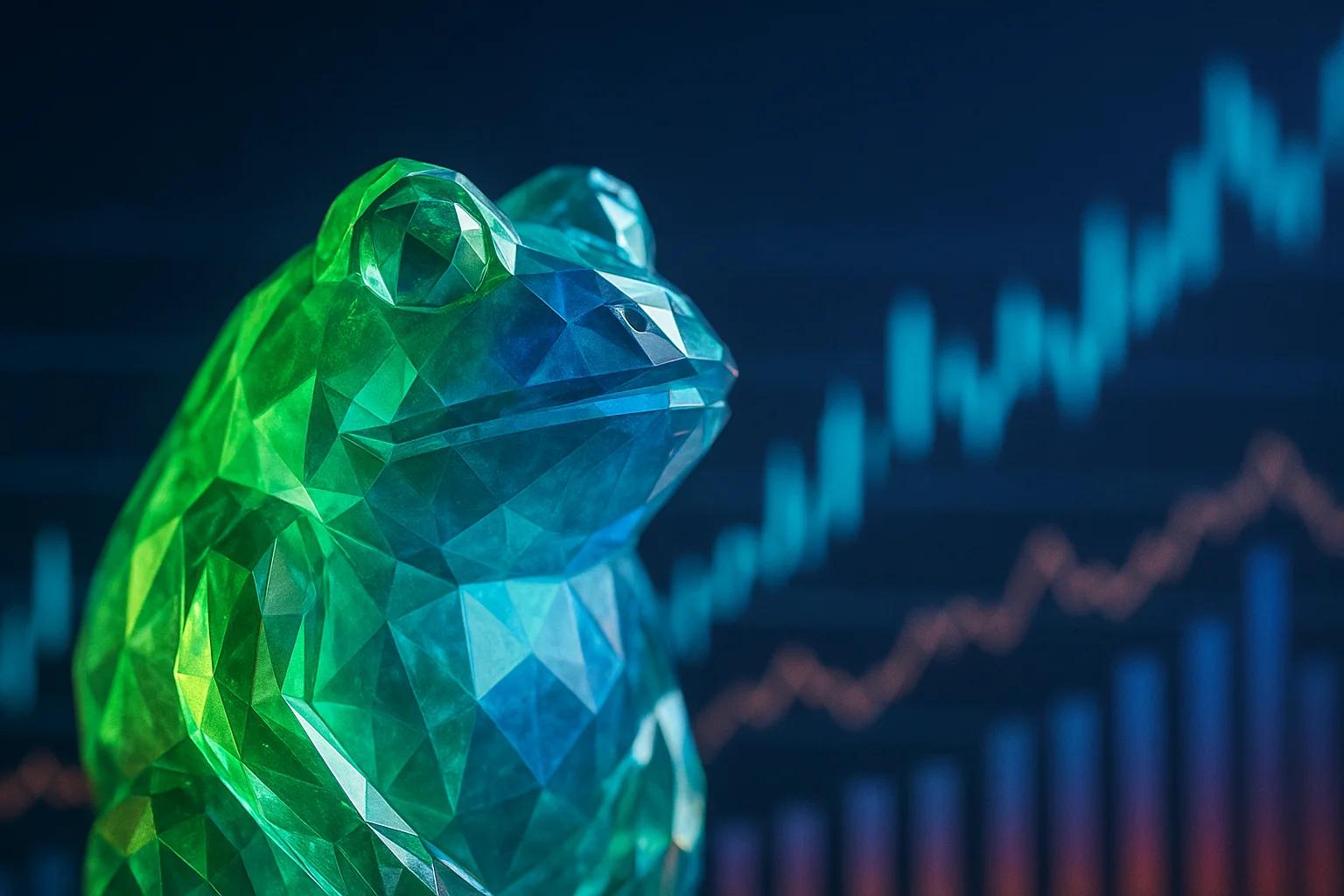 A geometric frog sculpture in green and blue