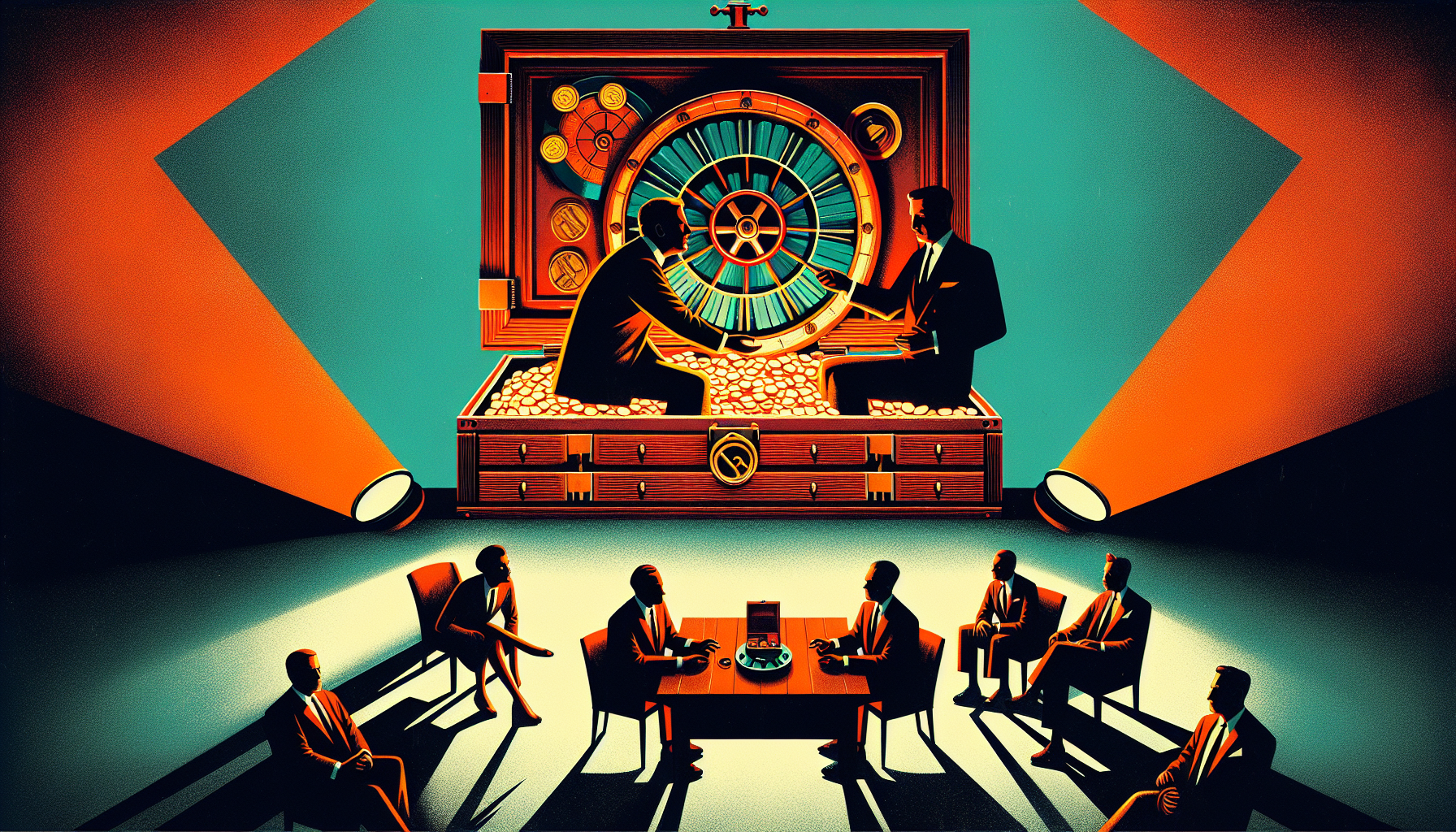 Two figures at a roulette table with gold coins