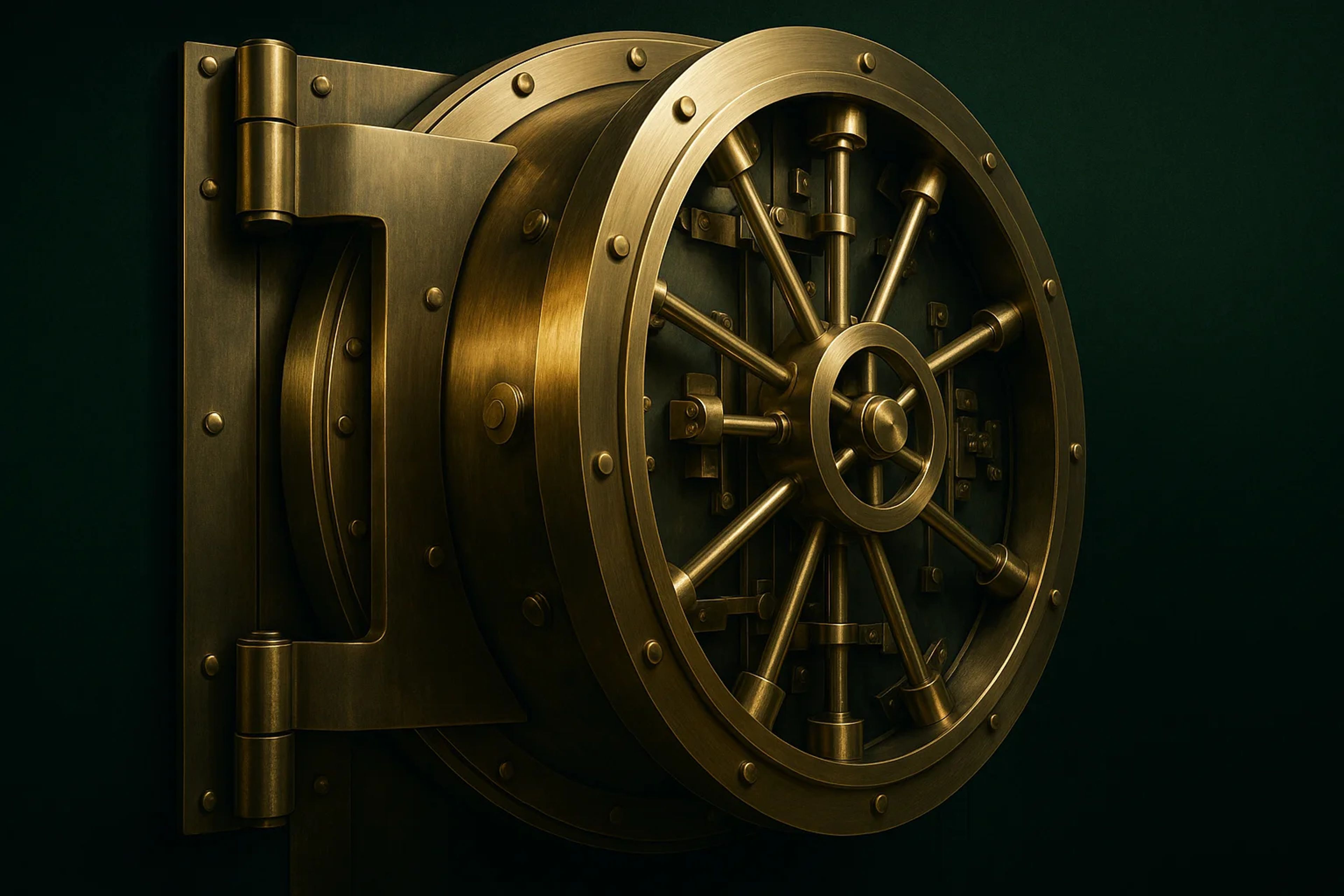 Close-up of a large, ornate gold safe door