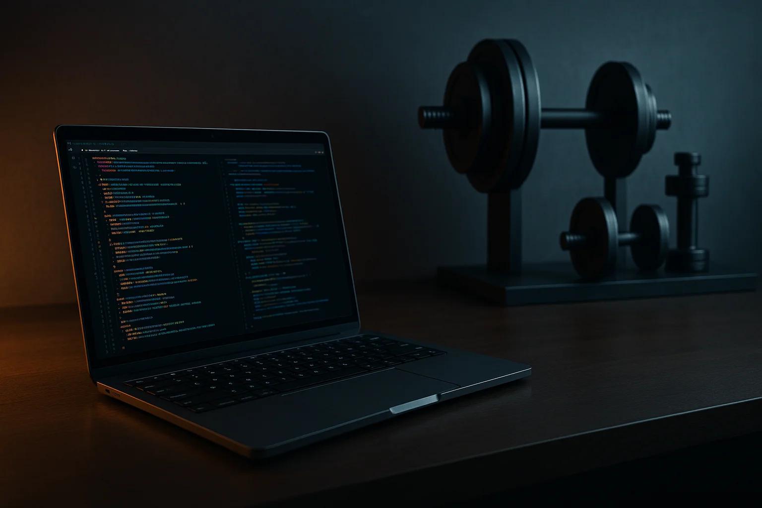 Laptop on a desk with coding on screen and