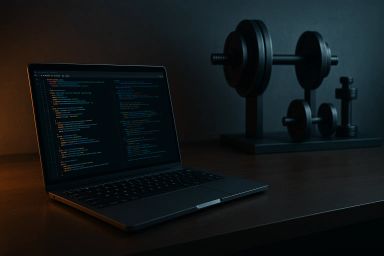 Laptop on a desk with coding on screen and