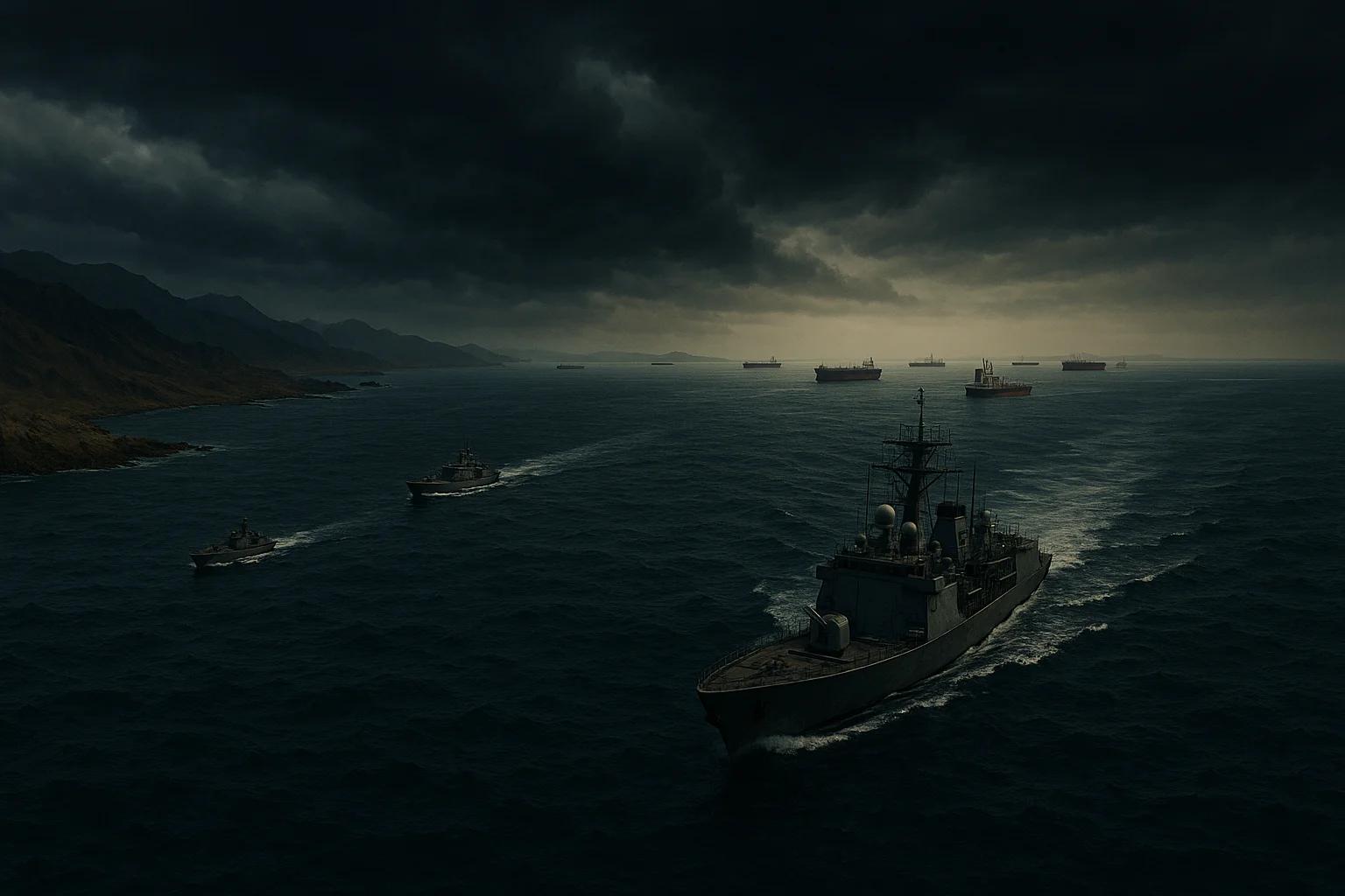 Dark, stormy sea with naval ships and cargo
