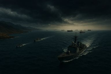 Dark, stormy sea with naval ships and cargo