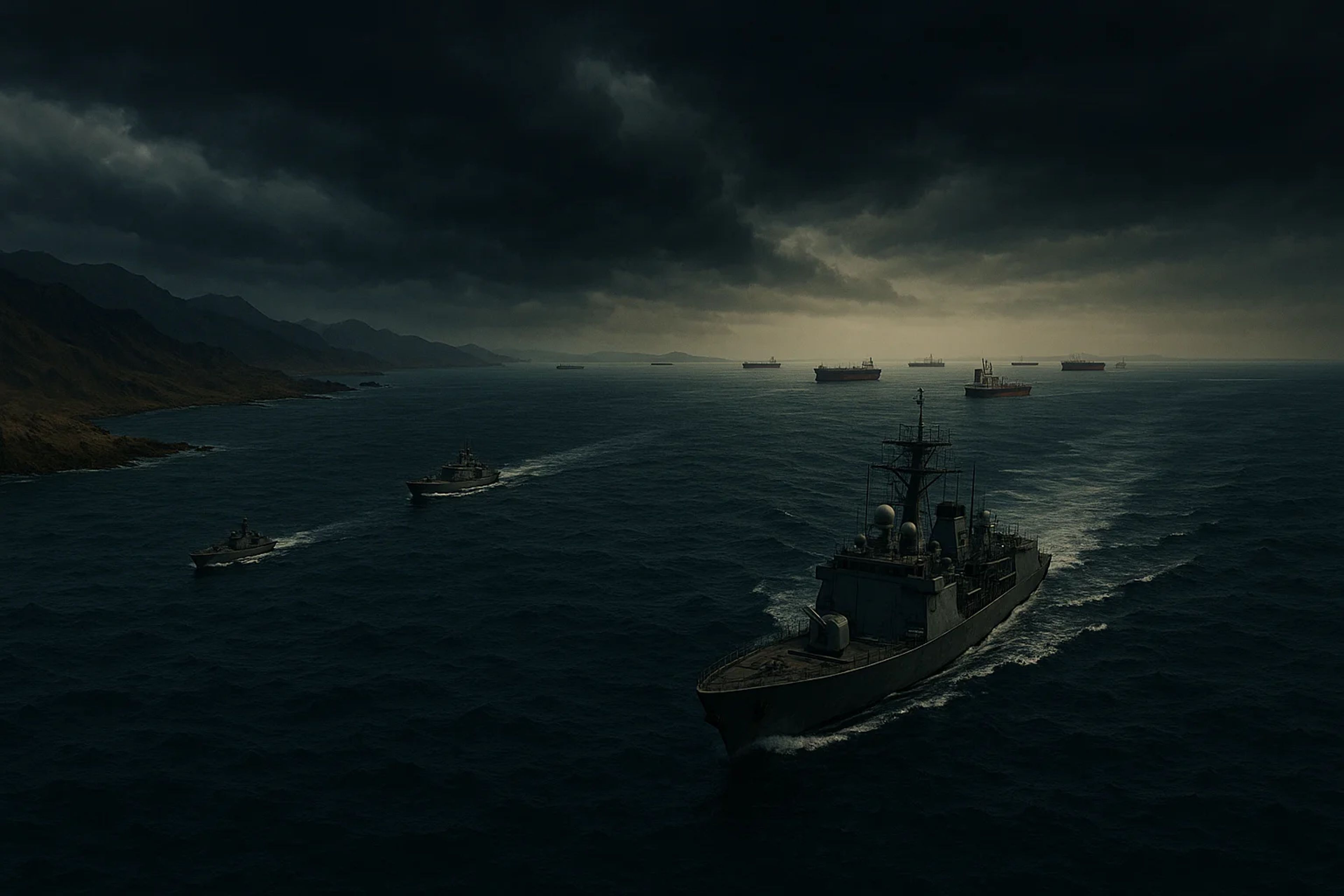 Dark, stormy sea with naval ships and cargo