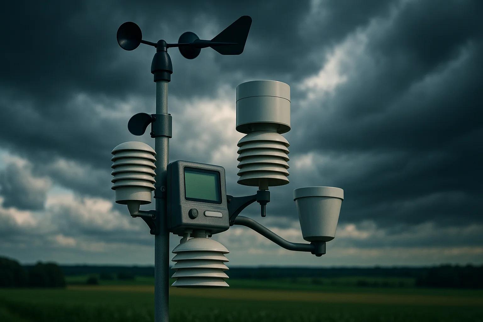 Weather station with sensors against a cloudy sky