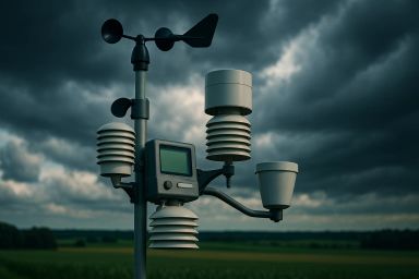 Weather station with sensors against a cloudy sky