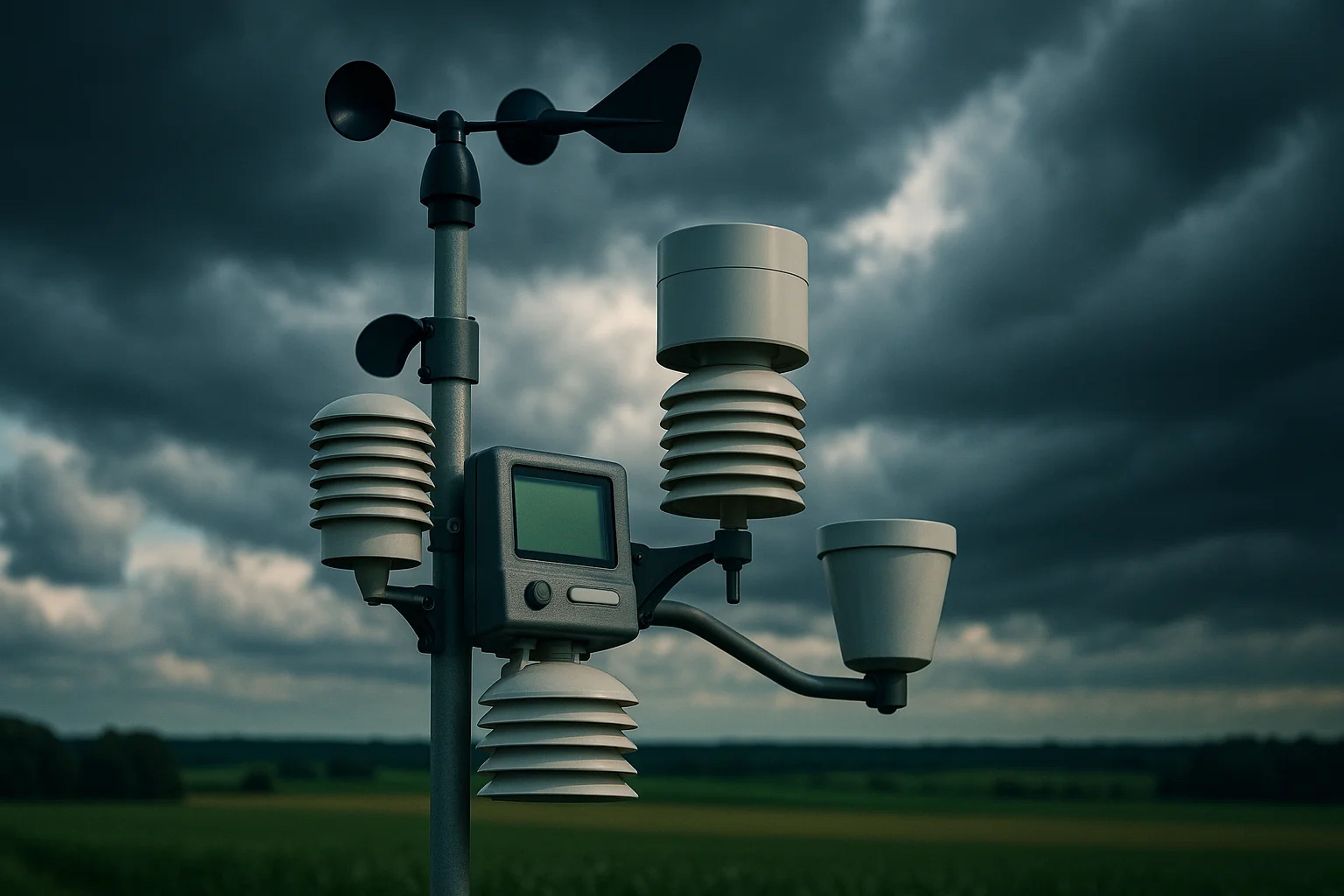 Weather station with sensors against a cloudy sky
