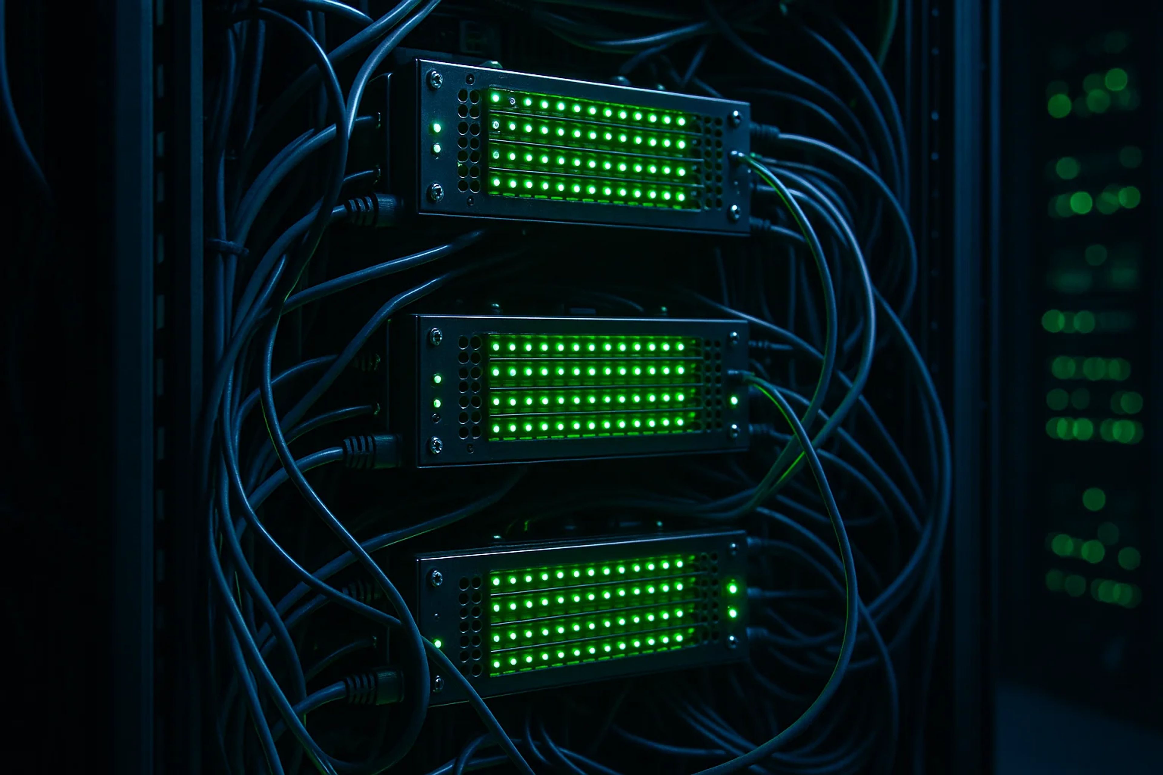 Three rows of green-lit server panels with