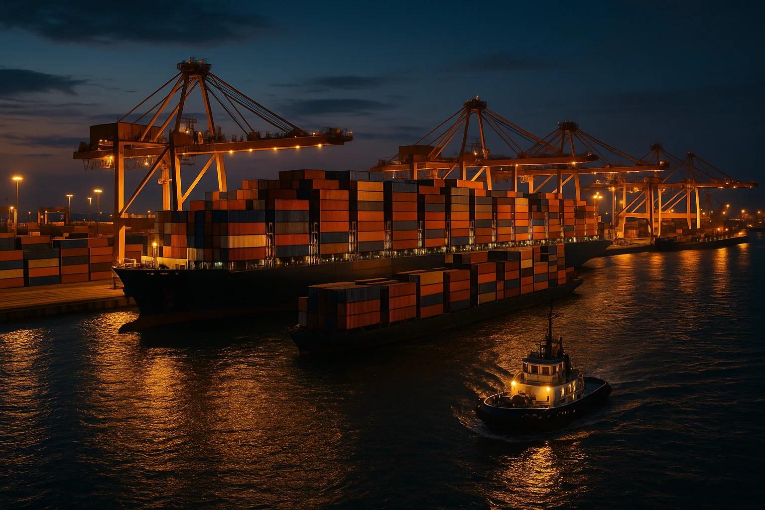 Container ship docked at a port at night