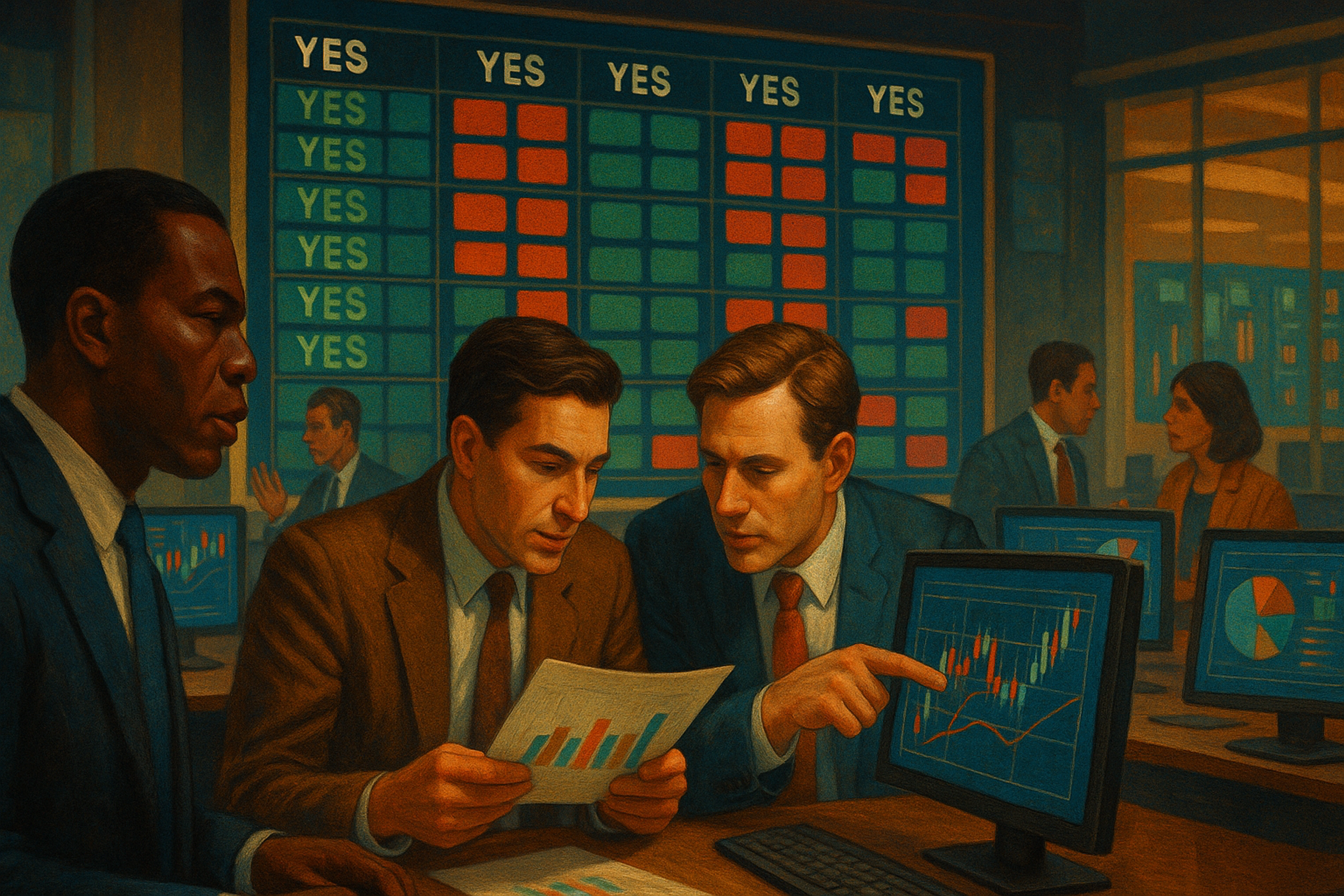Three men discussing charts in a dimly lit office